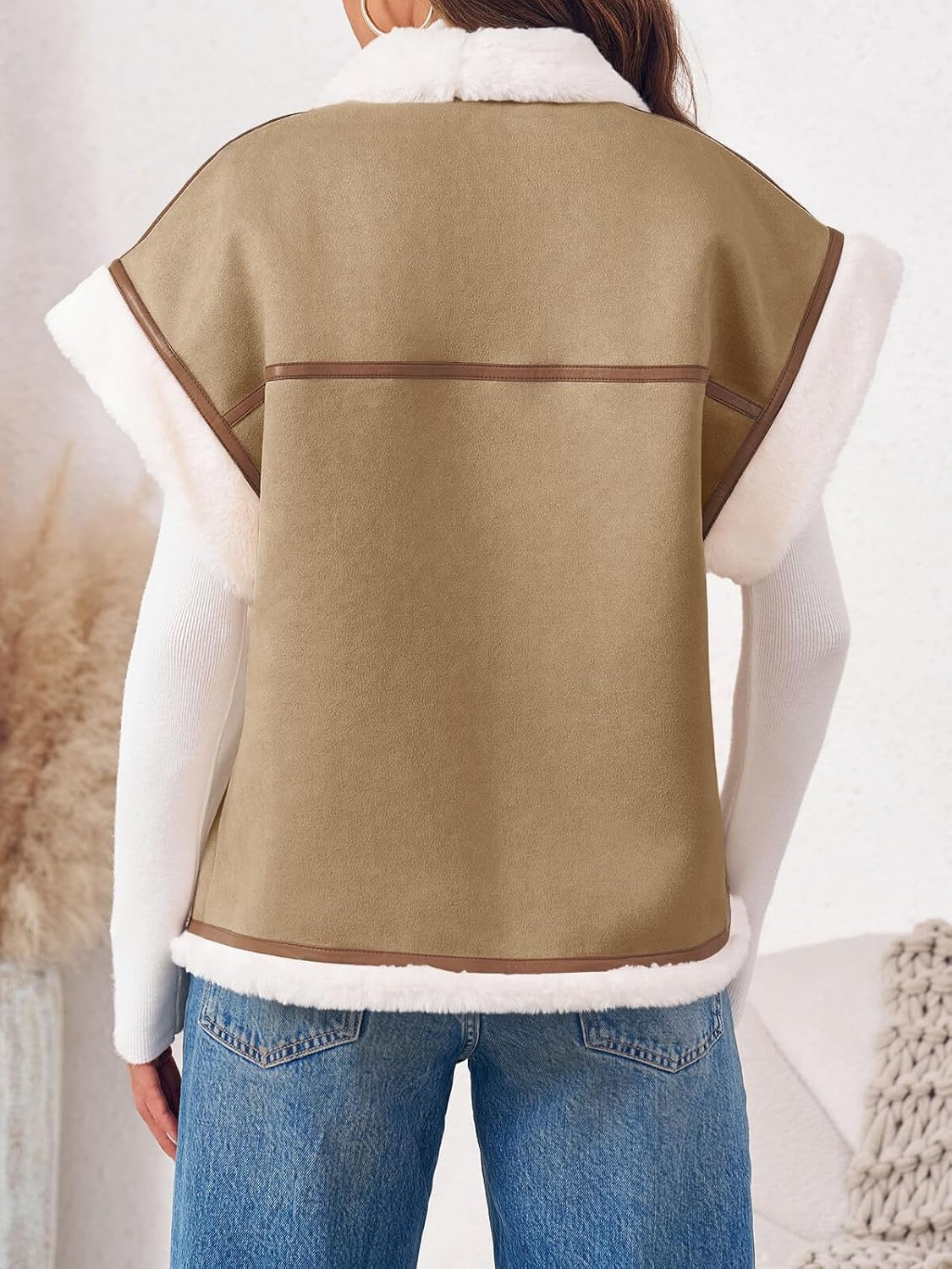 Cicy Bell Womens Suede Sherpa Vest Faux Fur Shearling Jacket Oversized Cap Sleeve Button Down Winter Coats - Image 5