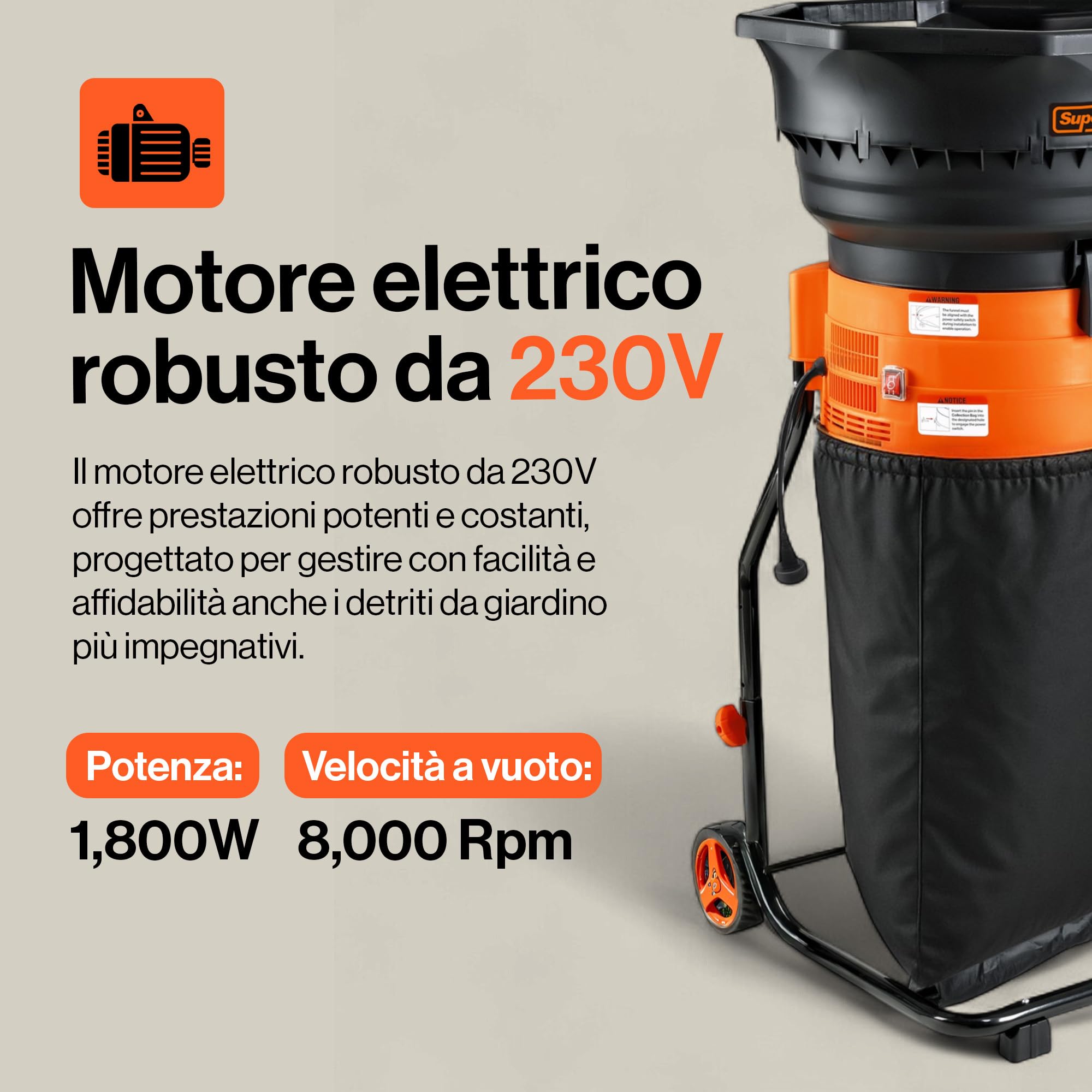 SuperHandy Mulcher & Broyeur sans lame per foglie da giardino – Motore da 1800W, Imbuto da 50 cm, Rapporto di triturazione 16:1, Sacco di raccolta da 80 L, Design leggero da 8,5 kg
