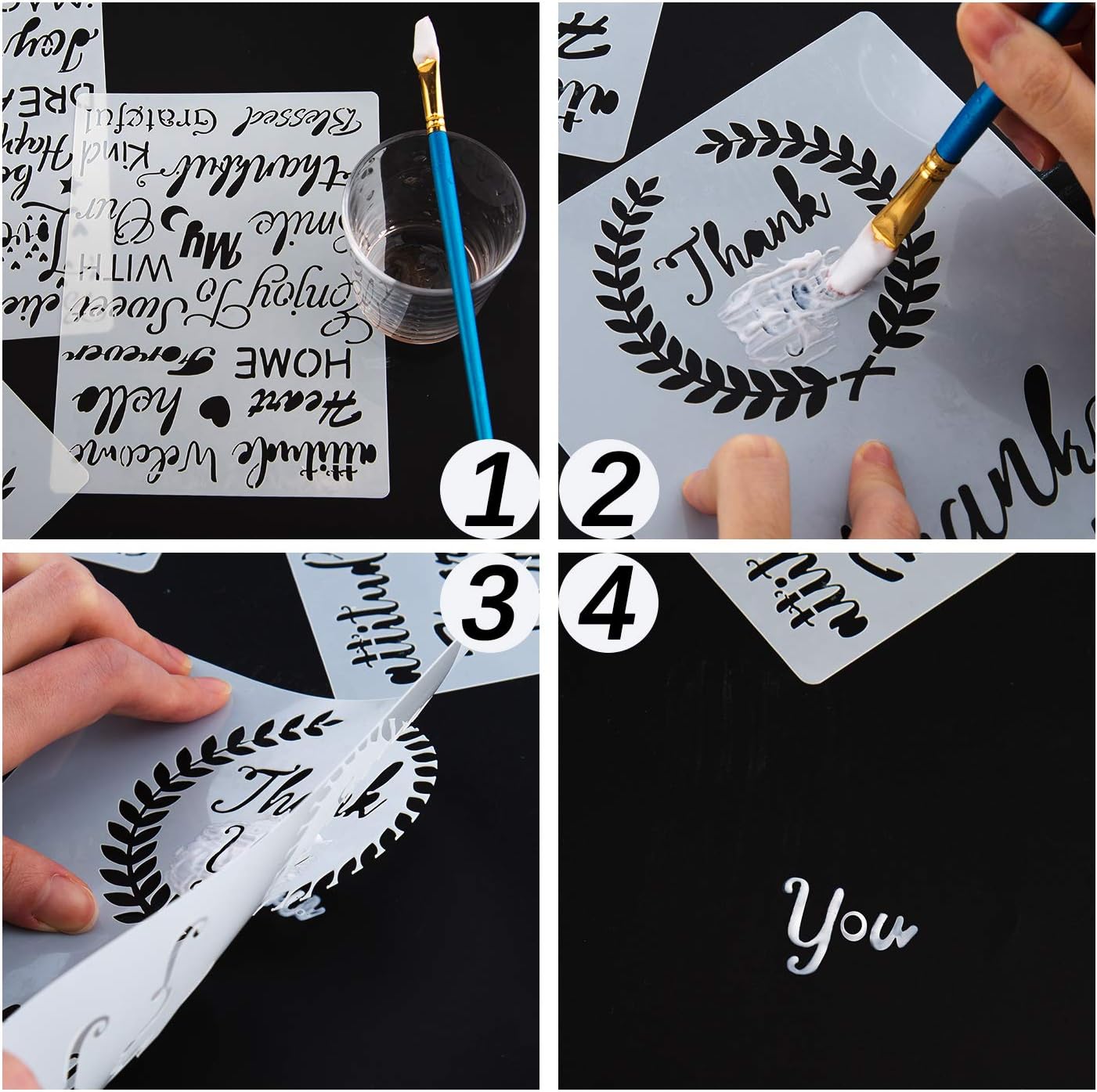 AIEX 4Pcs Plastic Stencils Journal Stencils Template for Drawing Painting on Wood Furniture Paper Window Wall, Including 2Pcs Thank You Stencils and 2Pcs Inspirational Word Stencils 20x15cm/8x6inch