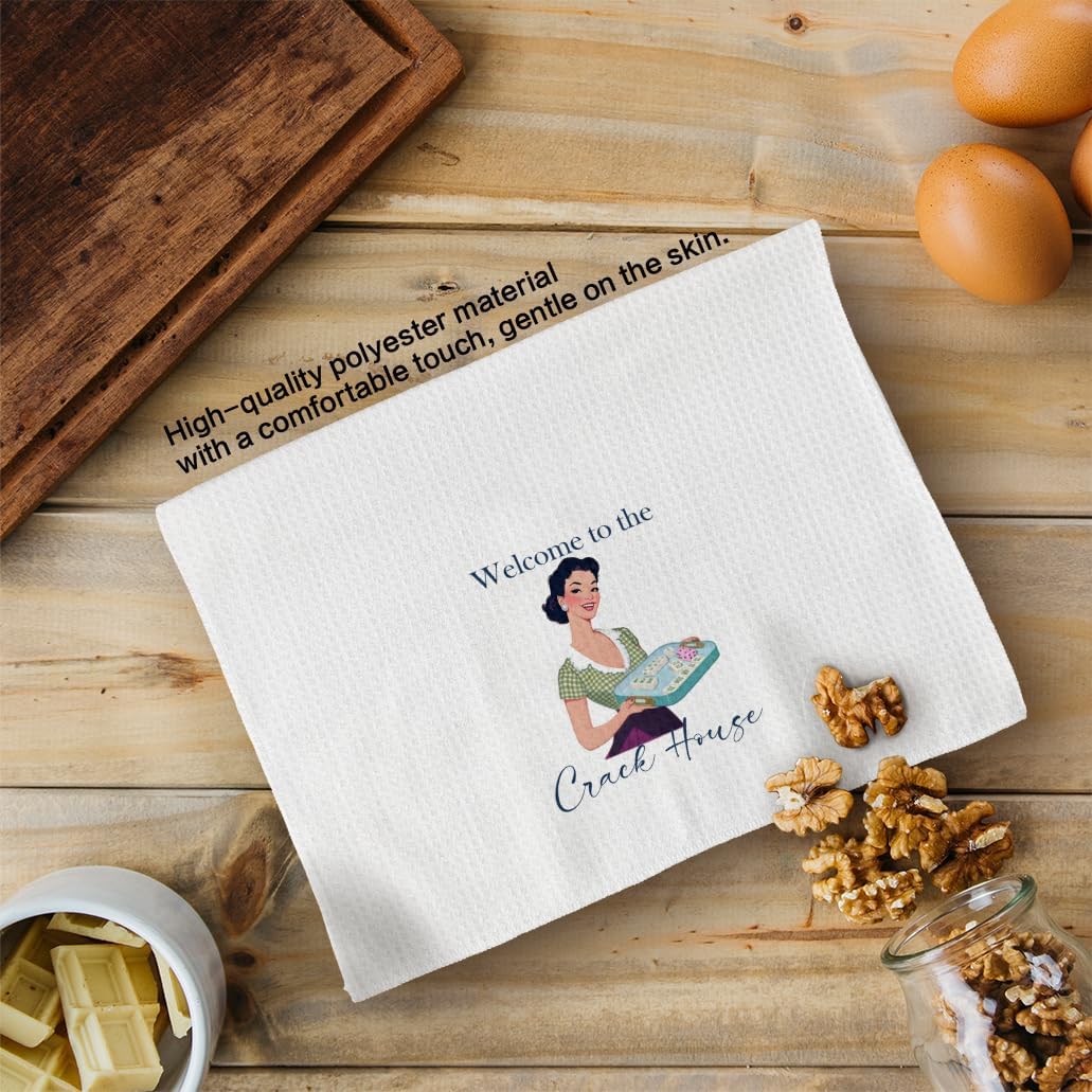 Funny Mahjong Housewife Kitchen Dishcloths Tea Towels, Mahjong Gifts for Women Hand Towels, Welcome to the Crack House Dish Towel for Kitchen, Hostess Gifts Bathroom Decor, 16x24in