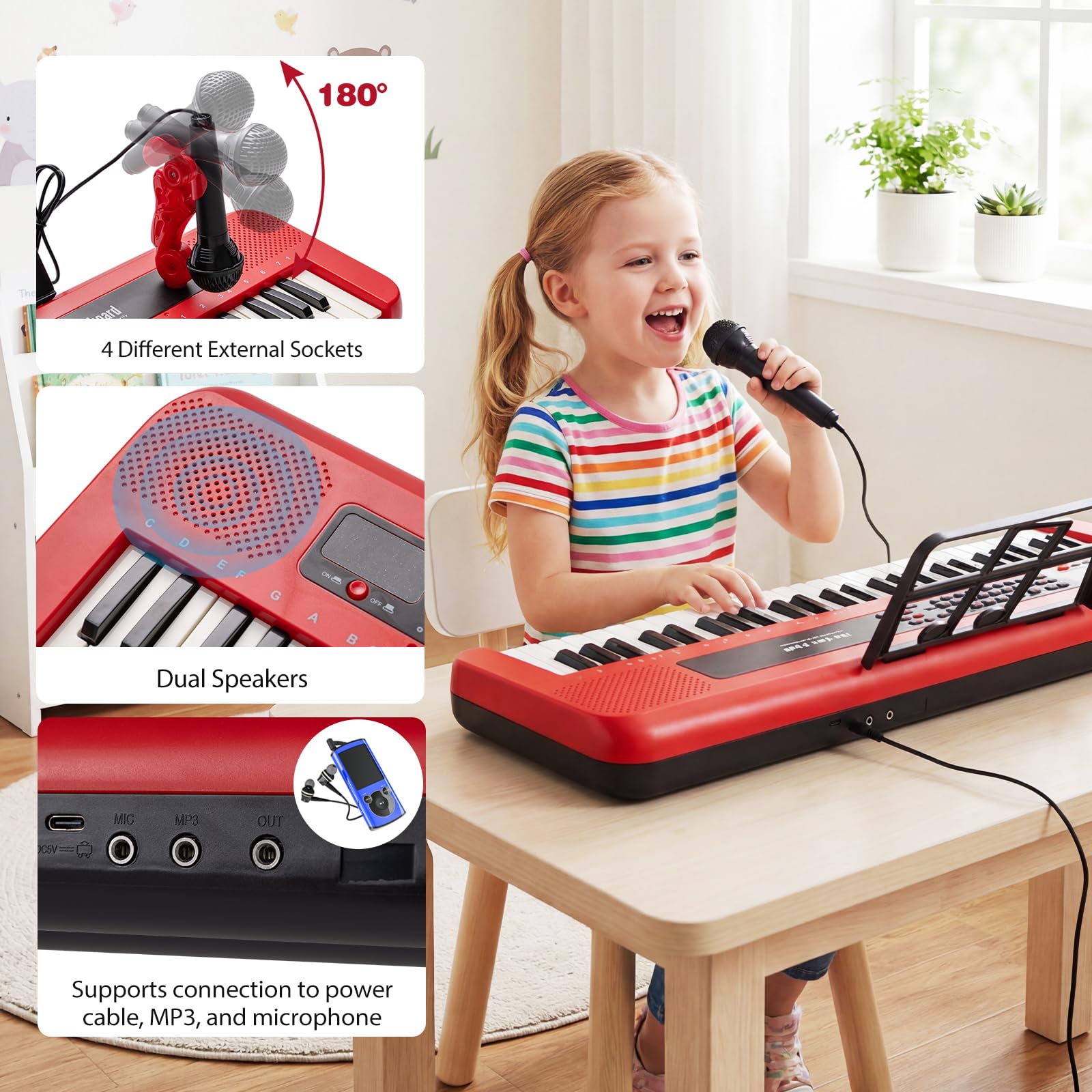 KOMFOTTEU Tastiera Elettronica per Bambini di 3 Anni+, con Microfono e Leggio, Pianoforte Digitale a 61 Tasti con Supporto Regolabile, Pianoforte Elettronico, 200 Tonalità & Ritmi, 20 Demo (Rosso)