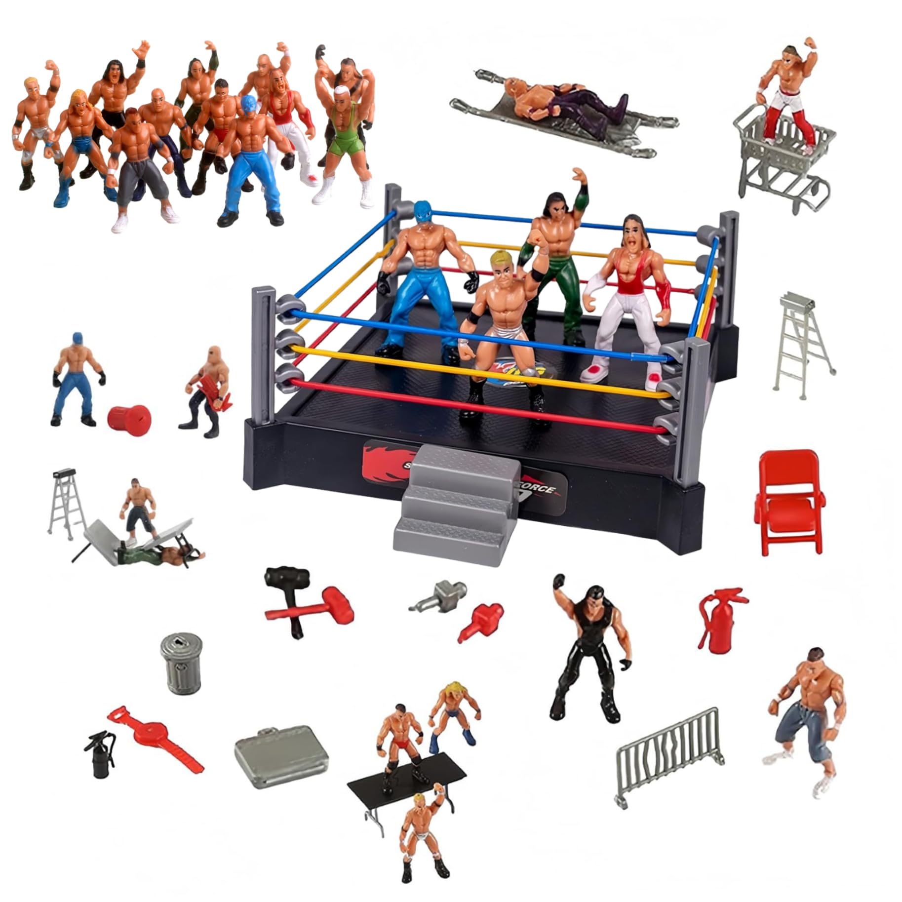 Wrestling Miniature Toys for Kids, 1 Set Wrestling Ring Playset with Spring-Loaded Mat and Flexible Ropes, Dynamic Ring Toy for Action Figures (Square)