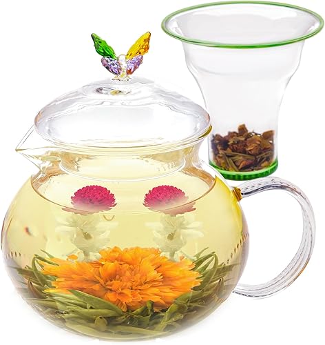 Miniatura 2 de Teabloom Wings of Love - Juego de regalo de té floreciente, tetera de vidrio de borosilicato de 40 onzas, calentador de tetera, infusor de té suelto