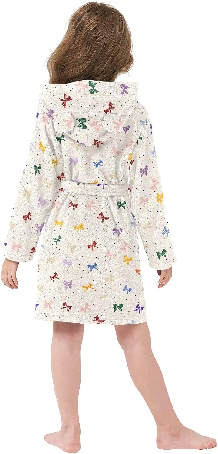 Colorful Bowtie Polka Dot Pattern Toddler Hooded Bathrobe for Boys Girls Soft Plush Bath Towel Robe 2-12 Years