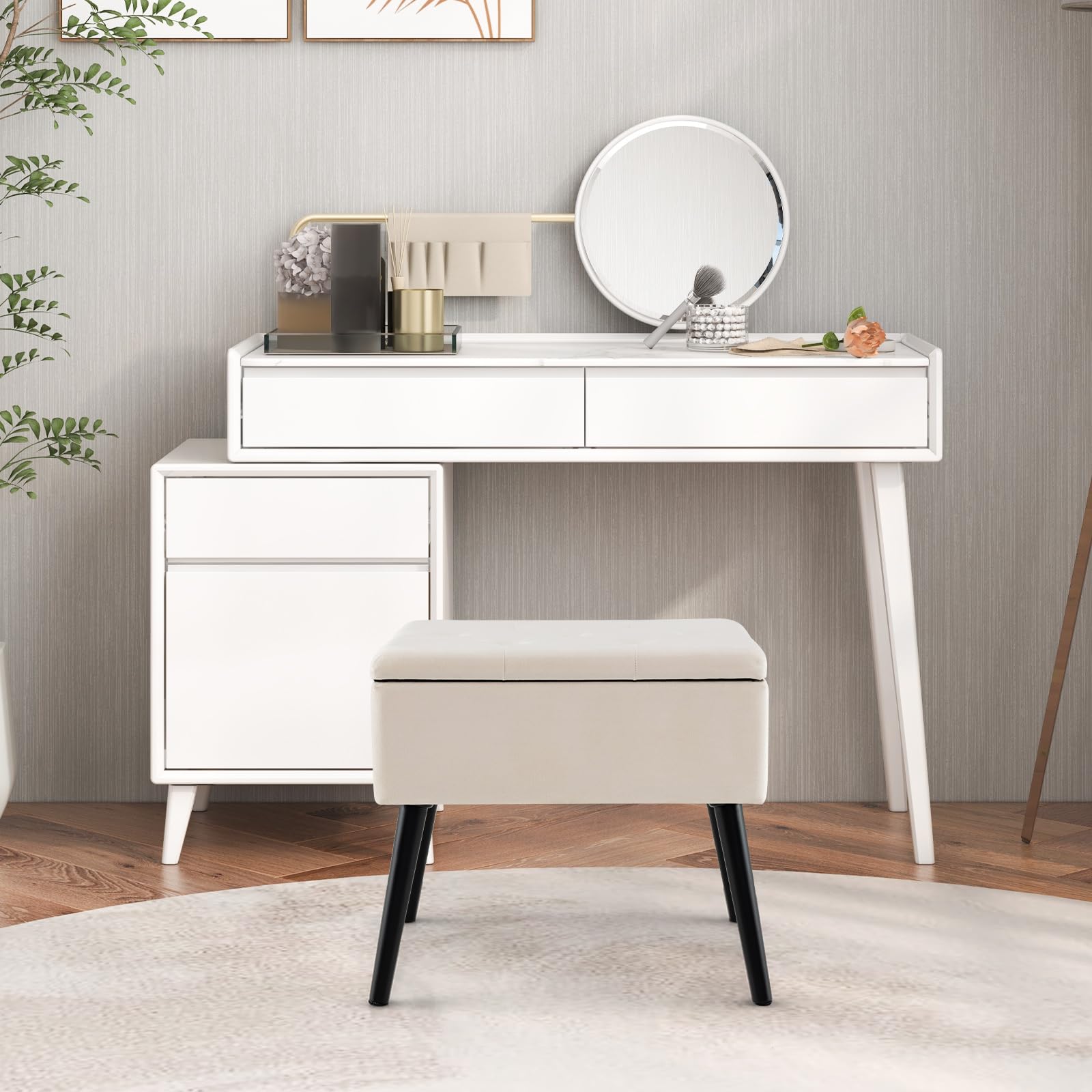HOMASIS Puff Almacenaje, Baúl de Almacenaje Rectangular, con Asiento Acolchado Abatible, Taburete de Tocador de Terciopelo con Patas de Madera para Salón Dormitorio (Beige)