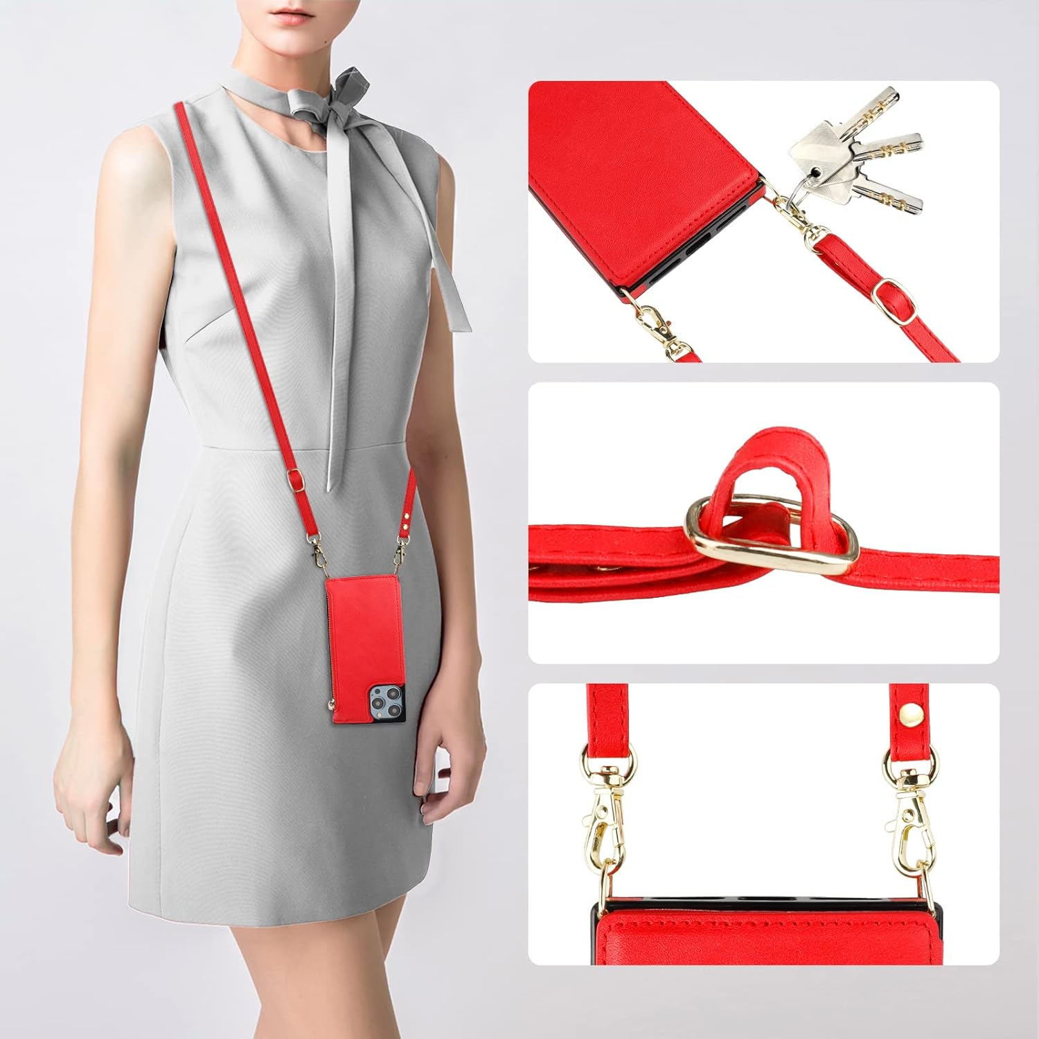 Bocasal Crossbody Wallet Case for iPhone 14 Pro Max with RFID Blocking Card Slot Holder, Magnetic Flip Folio Purse Case, PU Leather Zipper Handbag with Detachable Lanyard Strap 6.7 Inch 5G (Red)