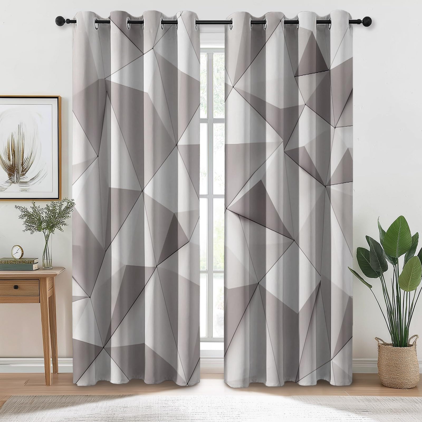 100% Rideau Occultant Thermique Isolant Anti Froid et Chaleur 140L X 260H cm (2 Panneaux), Géométrique Abstrait Polygonal Rideaux Opaques Oeillets Anti UV Anti Bruit pour Chambre Salon, Blanc
