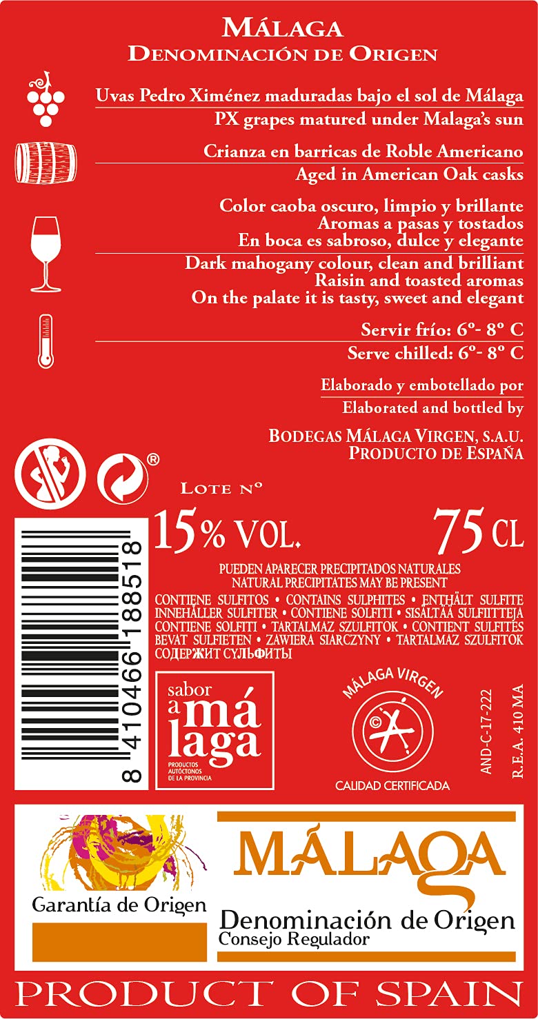 Málaga Virgen - Pack 6 botellas de 75 cl - Vino de licor dulce D.O ''MÁLAGA''