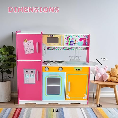 Miniatura 4 de Juego de cocina para niños de 3 a 8 años, cocina de madera para juegos de simulación, teléfono inclinado, máquina de hielo, refrigerador,