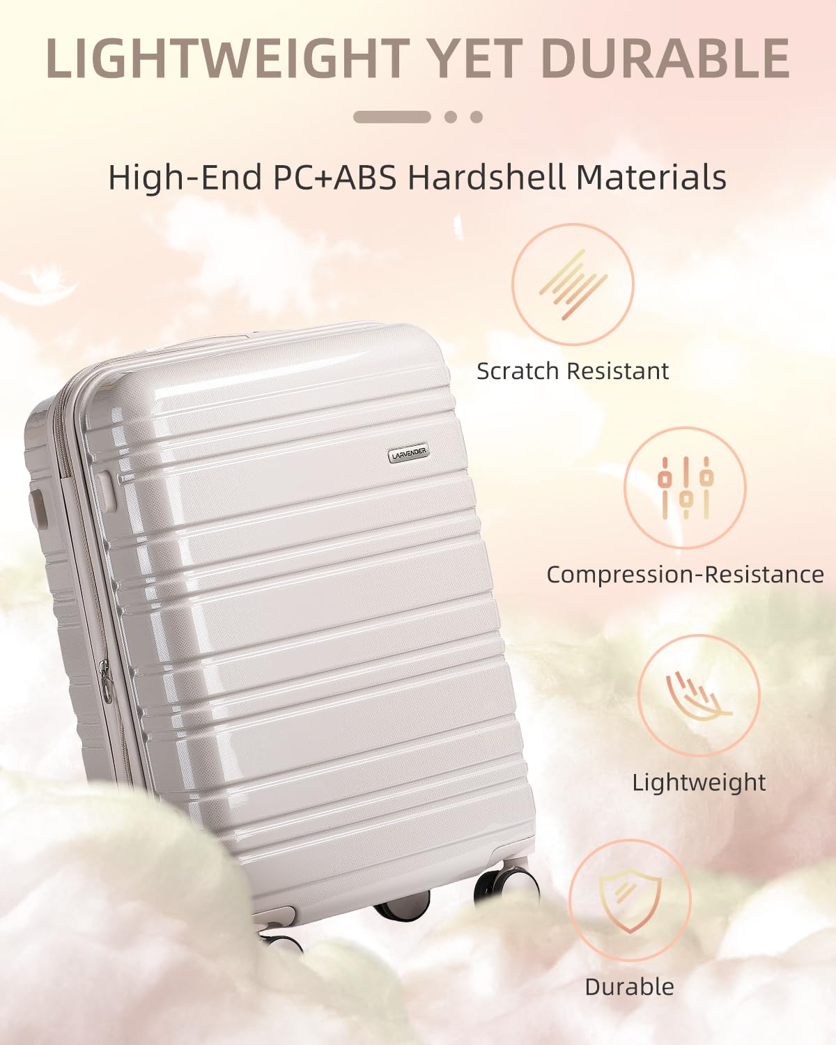 LARVENDER Carry on Luggage 22x14x9 Airline Approved, 20 Inch Hardside Suitcase with Wheels TSA Lock, PC+ABS Lightweight Travel Luggage Sets for Women, Glossy Champagne, 3 Piece Set