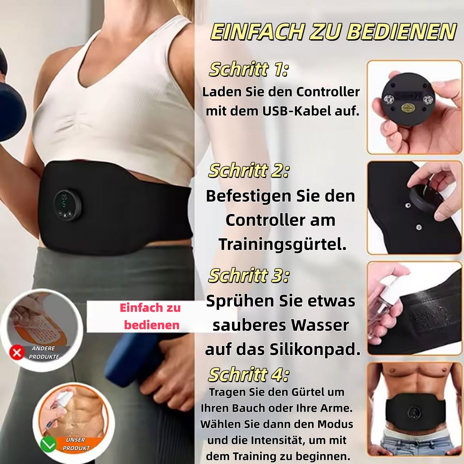 Apeborn Nächste Generation Ultrastarker EMS-Muskel & Bauchmuskeltrainer, 3er-Set EMS-Bauchtrainingsgerät,12 Trainingsprogramme&19 Intensitätsstufen,USB-aufladbar,Geeignet für Bauch und Arme