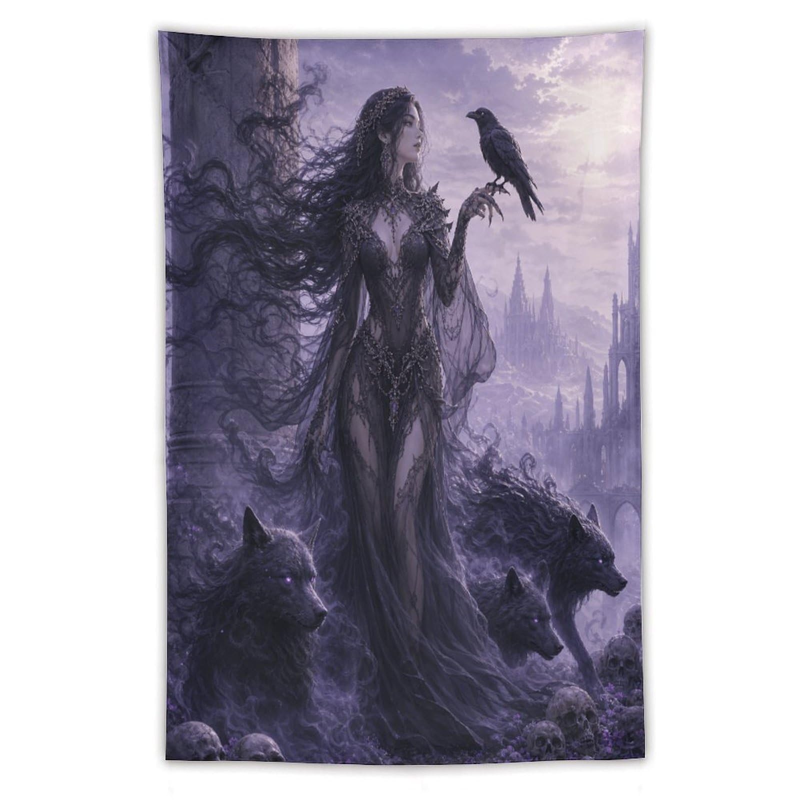 H3B8U2Y5 Raven Witch with Wolf Wall Tapestry, Fantasy Illustration, Bed