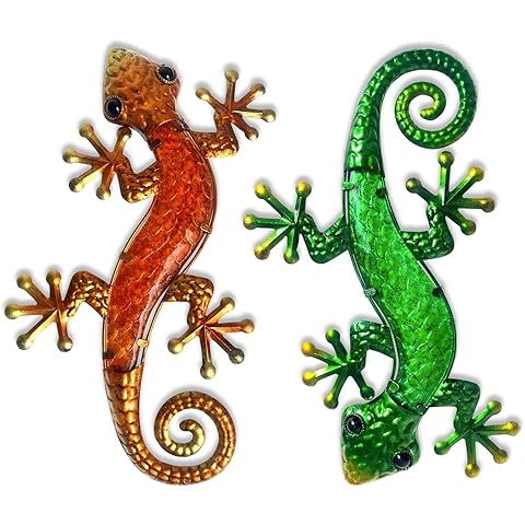 HONGLAND Metal Gecko Wall Art- 15 Inch Lizard Outdoor Decor Hanging Glass Sculpture, 2 Pack Gecko Wall Art Decorations for Garden Fence Home (Green&Orange)