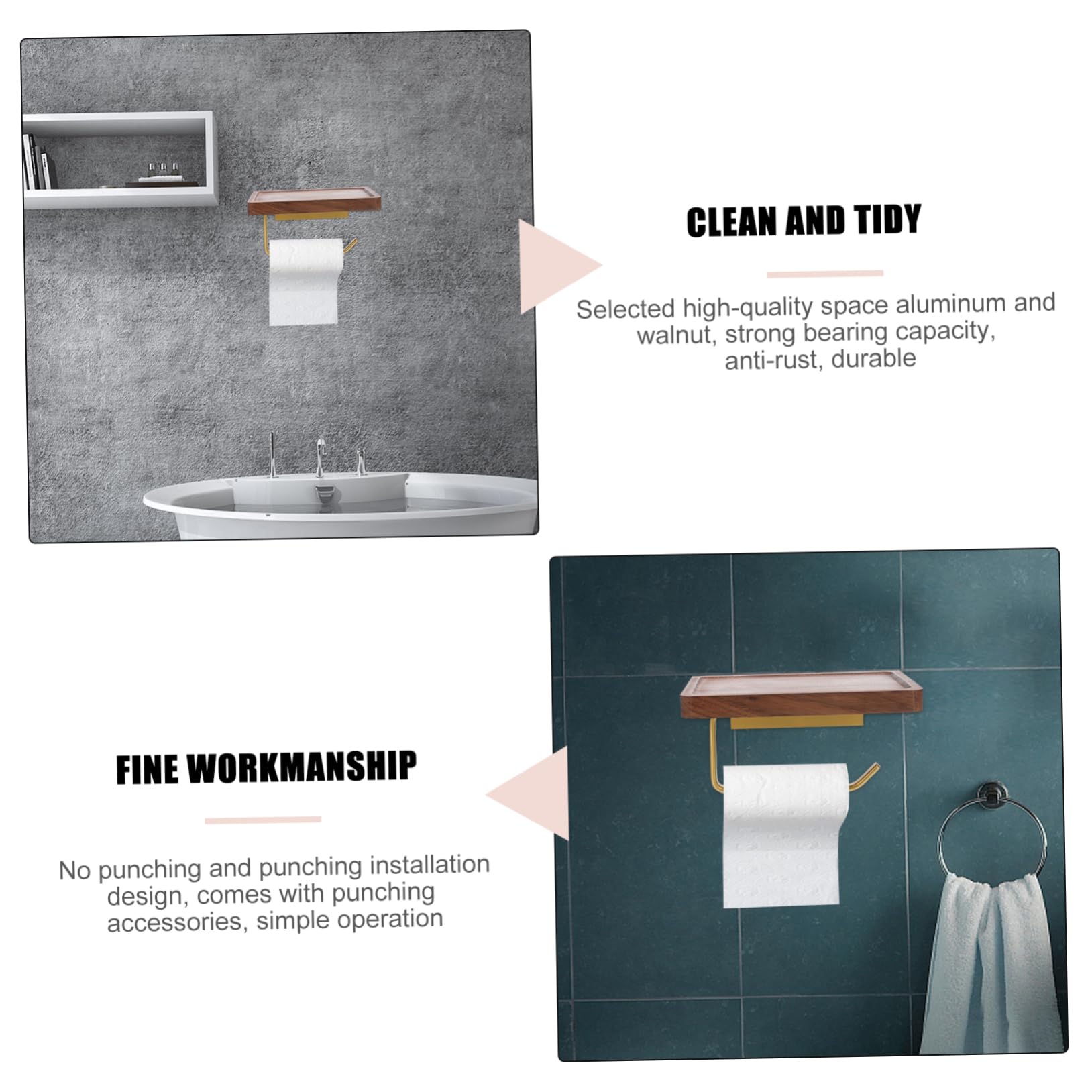 Portarrollos de Papel Higiénico para Estante de Nogal Negro, Instalación sin Taladro, Resistente al Agua y Gran Capacidad Baño y WC