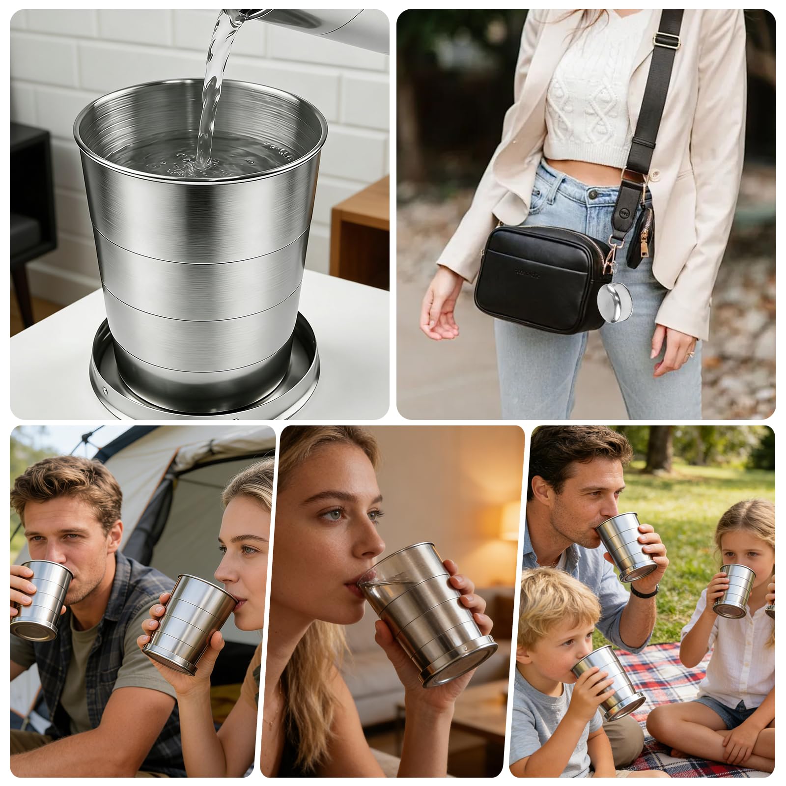 3 bicchieri pieghevoli in acciaio inox 304 con portachiavi da 250 ml, per sport all'aria aperta, campeggio, escursionismo, arrampicata, pesca, picnic e viaggi