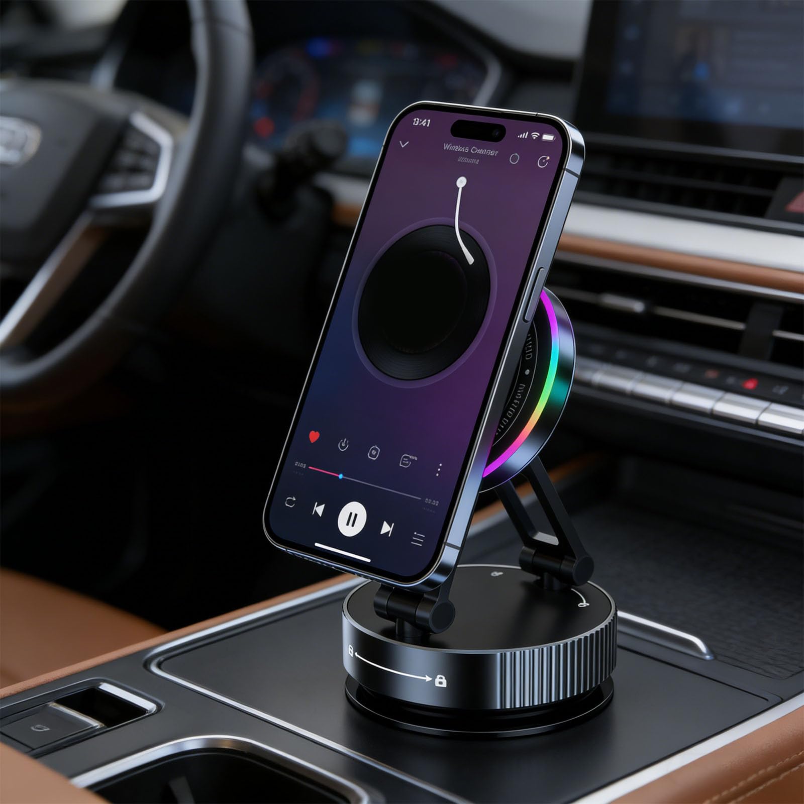 Soporte flexible para teléfono de coche multiposición con dispositivo inalámbrico de 15 W de alineación automática y base súper firme ° ajustable para coche