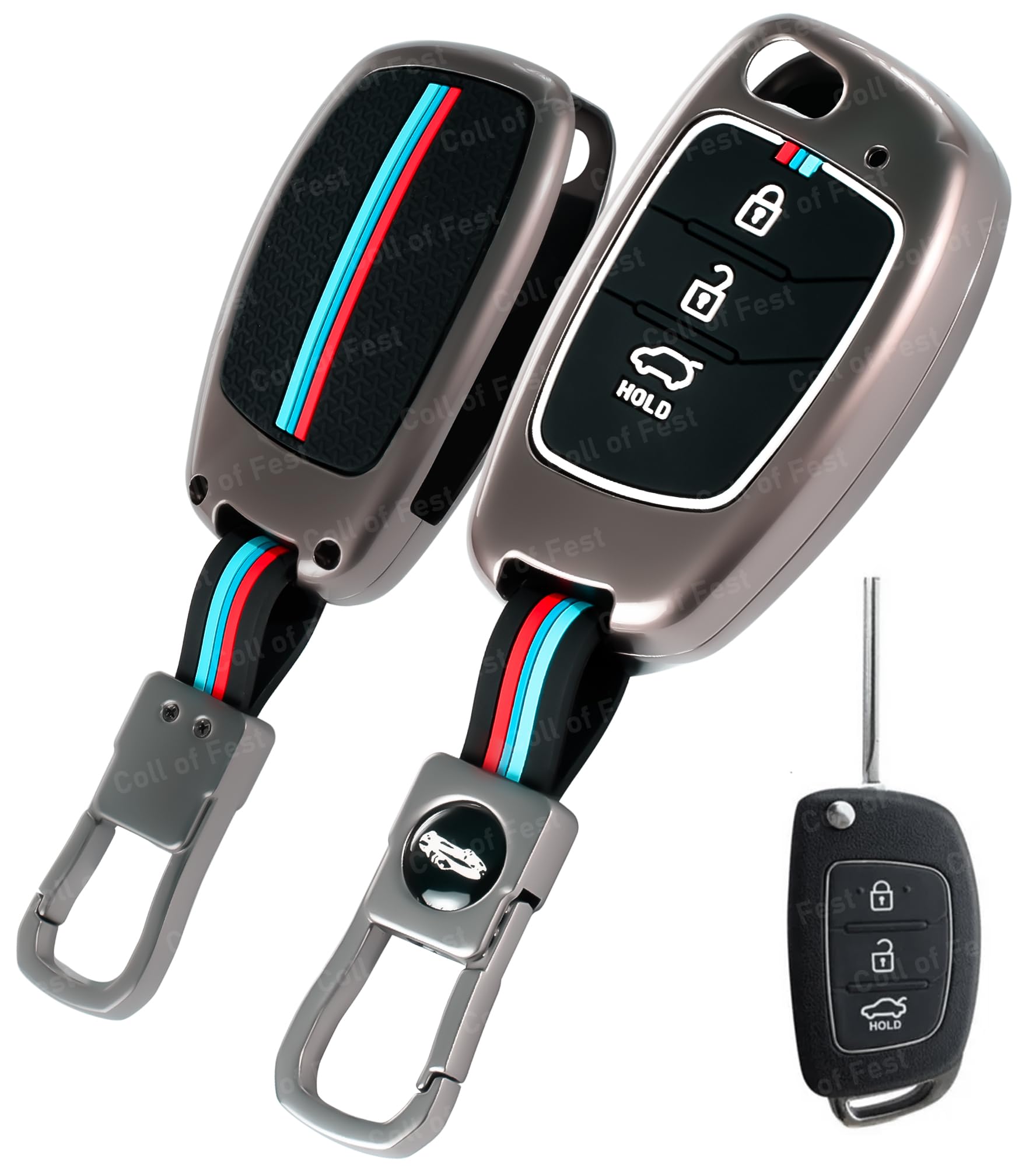Coll of Fest Metal Silicon Key Cover Compatible with Hyundai Creta, Venue, Tucson, Alcazar, I20, Grand i10 Nios, Aura, Xcent, Exter 3 Button Smart Flip Key Special Visible in Low-Ligh Condition
