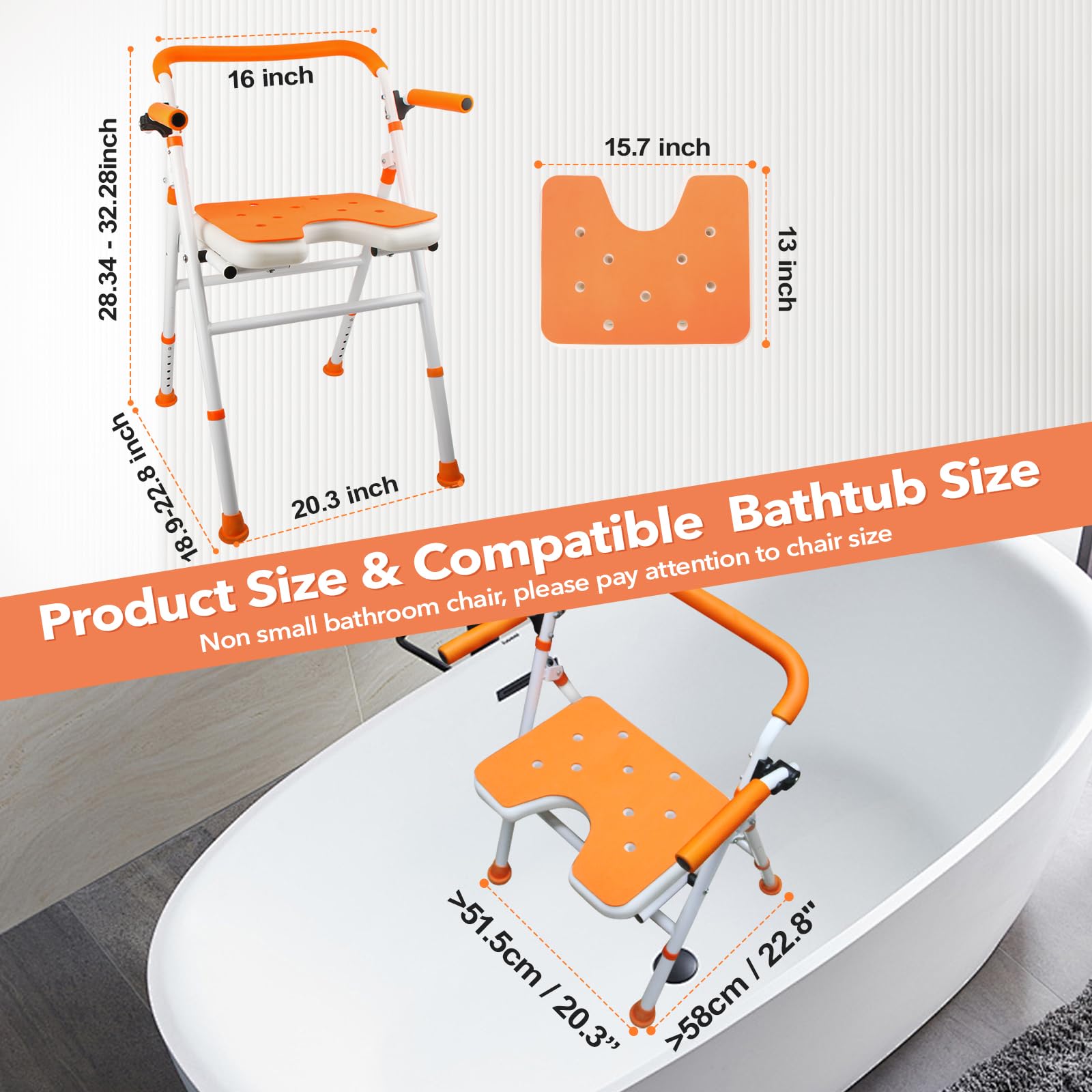 Silla de ducha plegable, asiento de ducha plegable para ducha interior, silla de ducha minimalista con brazos y altura de respaldo ajustable, silla de bañera de seguridad portátil para