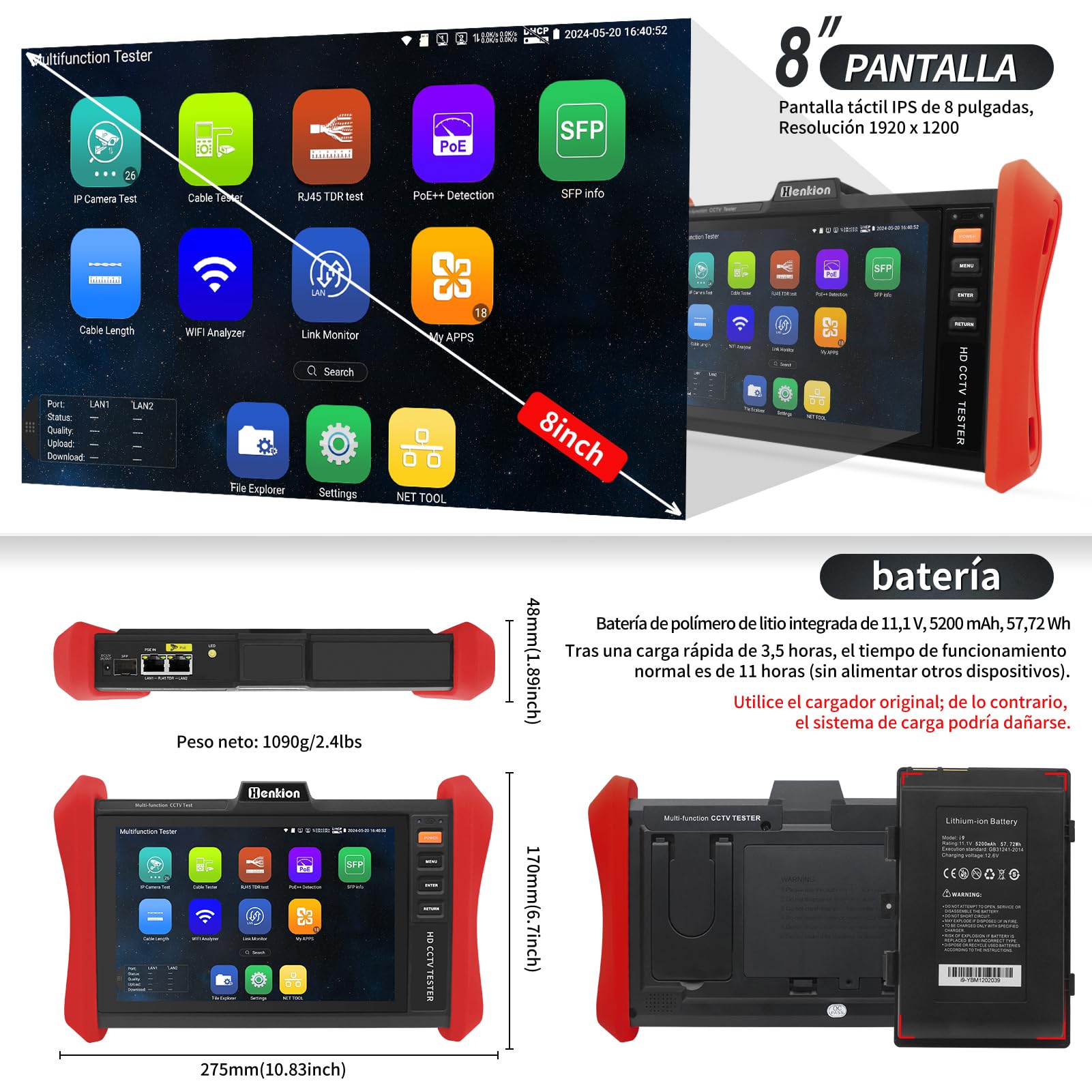 Henkion Monitor Probador de CCTV 4K 12MP Tester Cámaras IP POE++ Máx 90W Test Cámaras POE Pantalla Táctil IPS 8 pulgadas 1920x1200 Módulo SFP 1CH WiFi Herramientas Red Test Cables Detección POE E88