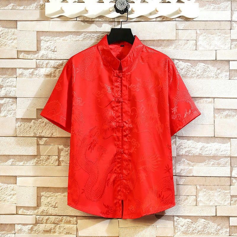 Chemise col montant style chinois rétro ample pour hommes à manches courtes - 2