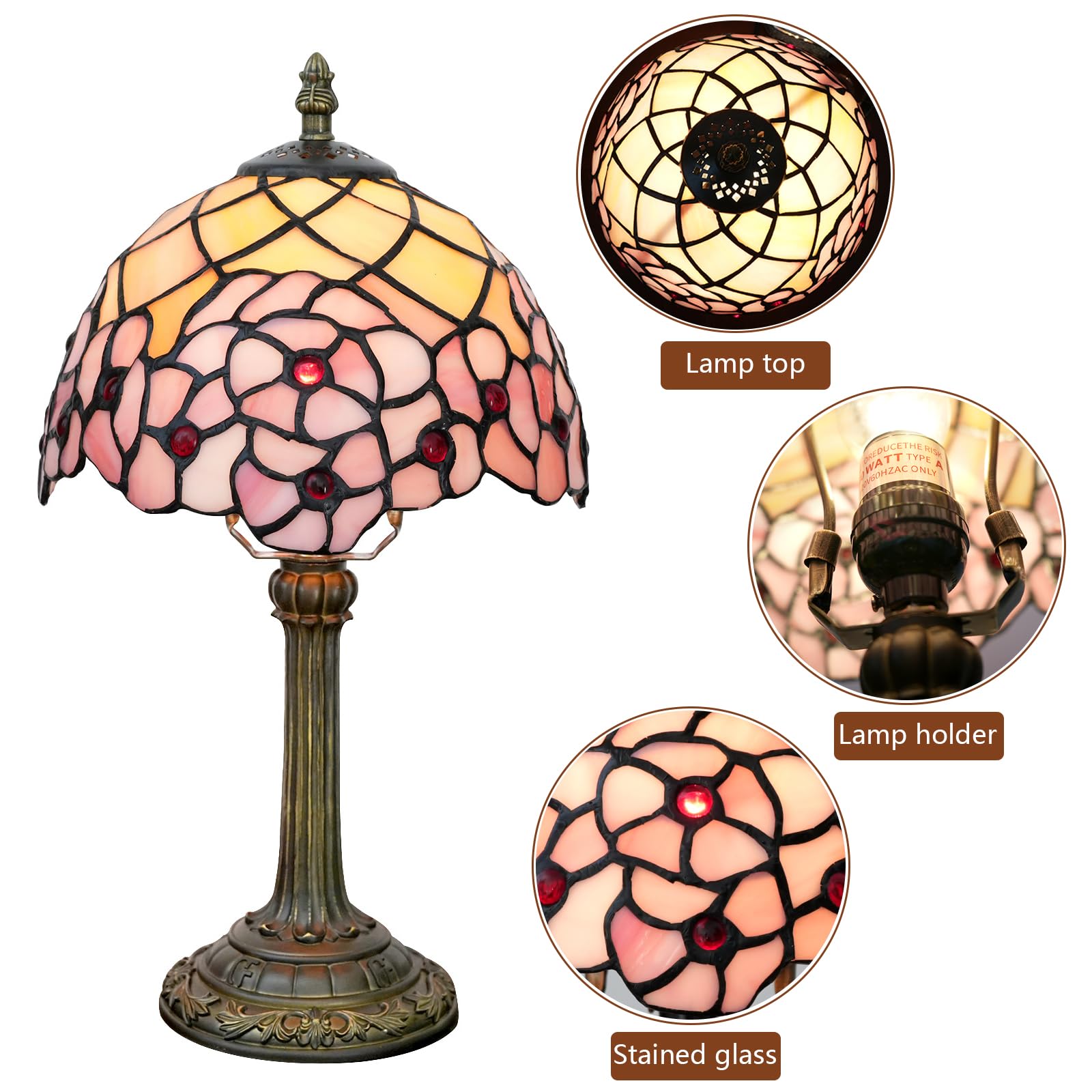 Lampe de table en verre teinté Tiffany 8X8X14 pouces Lampe de lecture de bureau Décor à côté de la chambre Salon Maison (fleur de cerisier)