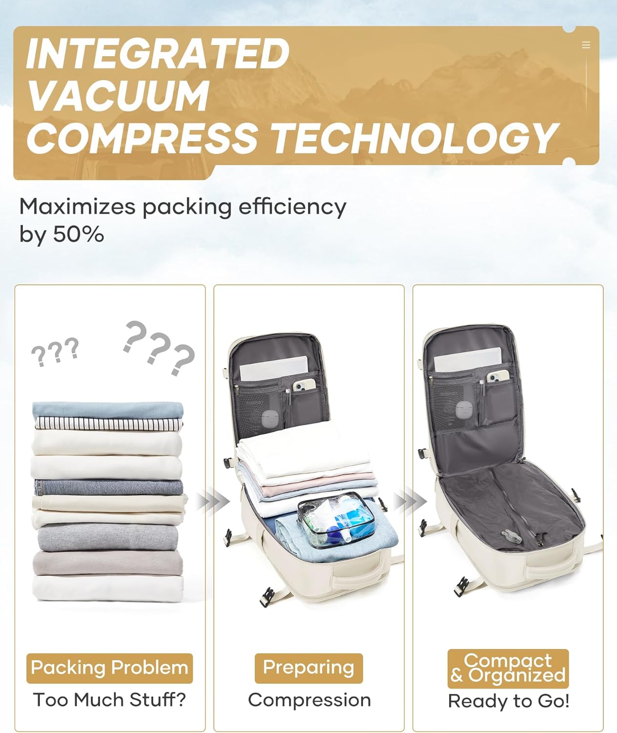 Vacuum Travel Backpack with Electric Vacpack Pump for Women, 40L Expandable Vacuum Compression Bags Personal Item Backpacks Flight Approved Traveling Carry on Suitcase Luggage, Beige - Image 3