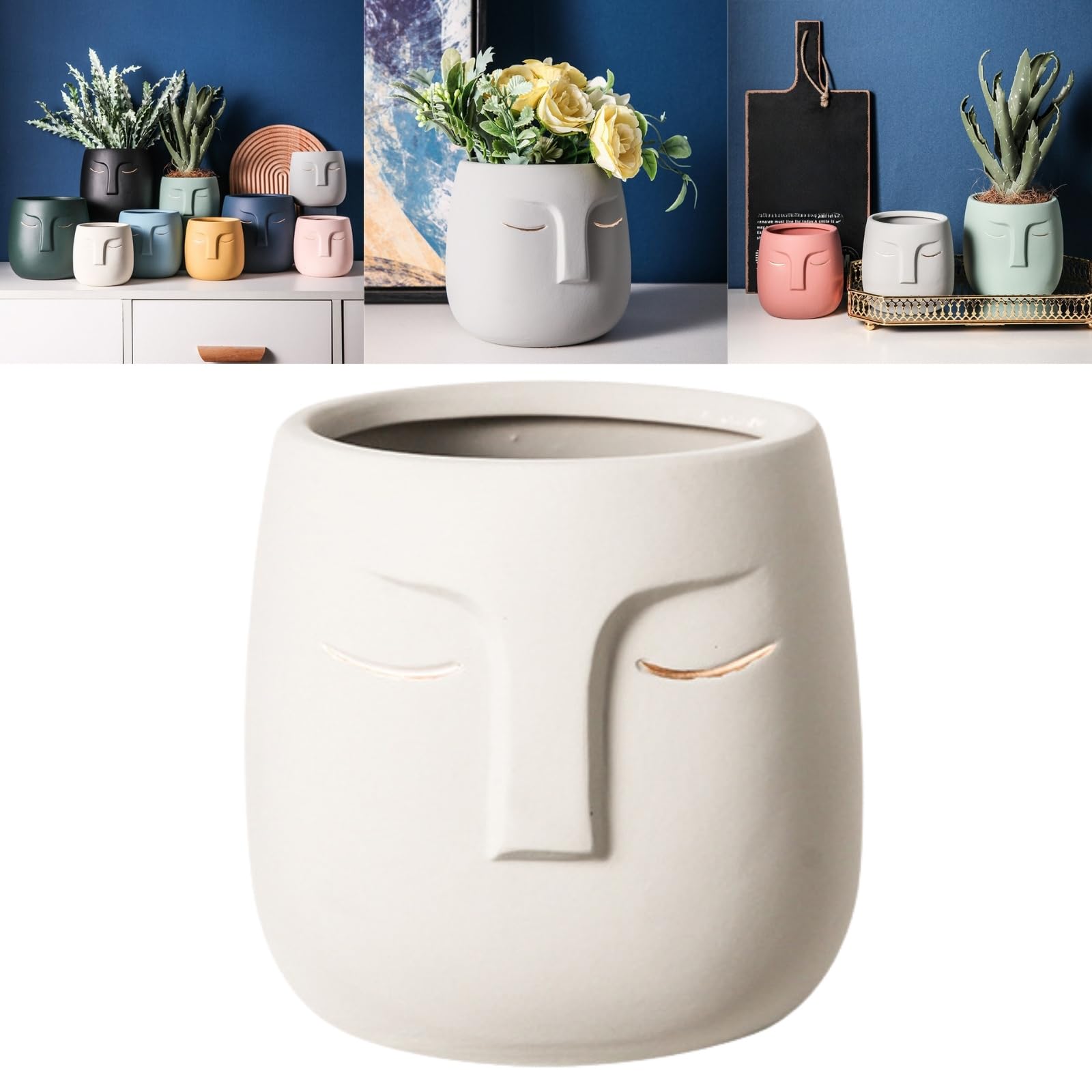 Boxonly Face Planter (Beige, Large, With Hole, Without Tray), Ceramic Plant Pot for Succulents Flowers, and Small Plants