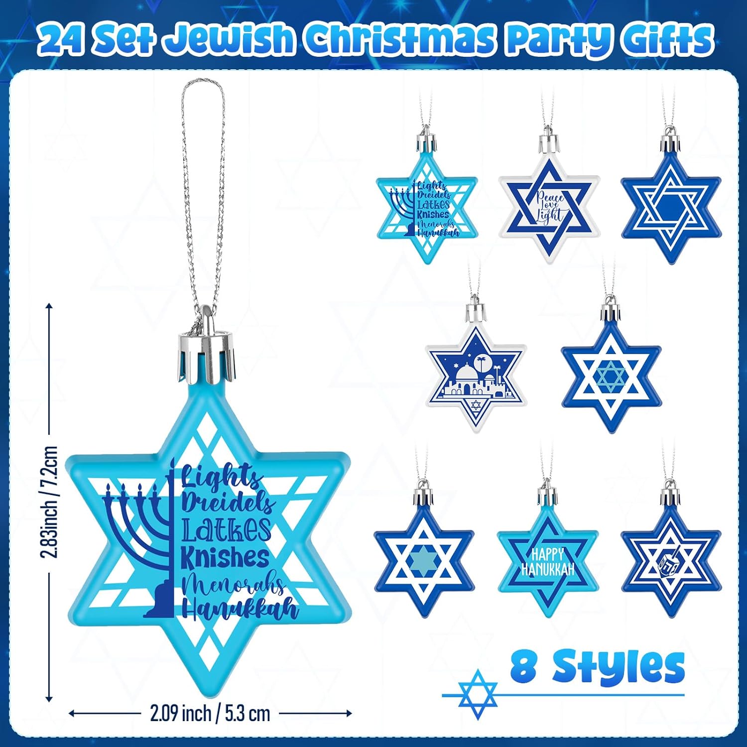 Jenaai 24 Pcs Hanukkah Ornaments for Tree Star of David White and Blue Menorah Ornaments Hanukkah Decorations for Home Jewish Christmas Party Gifts Chanukah Balls Tree Decor