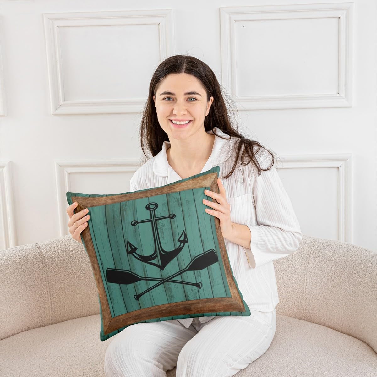 Lake Life Paddle Go Boating Theme Pillow Cover,Nautical Anchor Double Sides Print Throw Pillow Case Cover,Green Rustic Farmhouse Wooden Board Cushion Cover for Sofa Couch Chair,2 Pack 24"x 24"