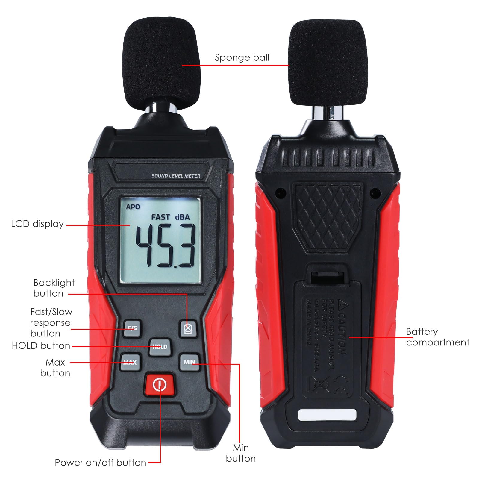 Medidor de decibelios Lector de nivel de sonido portátil SPL medidor de 30 a 130 dB máx/min alarma de retención de datos con retroiluminación pantalla LCD A/C ponderado medidor de decibelios de ruido