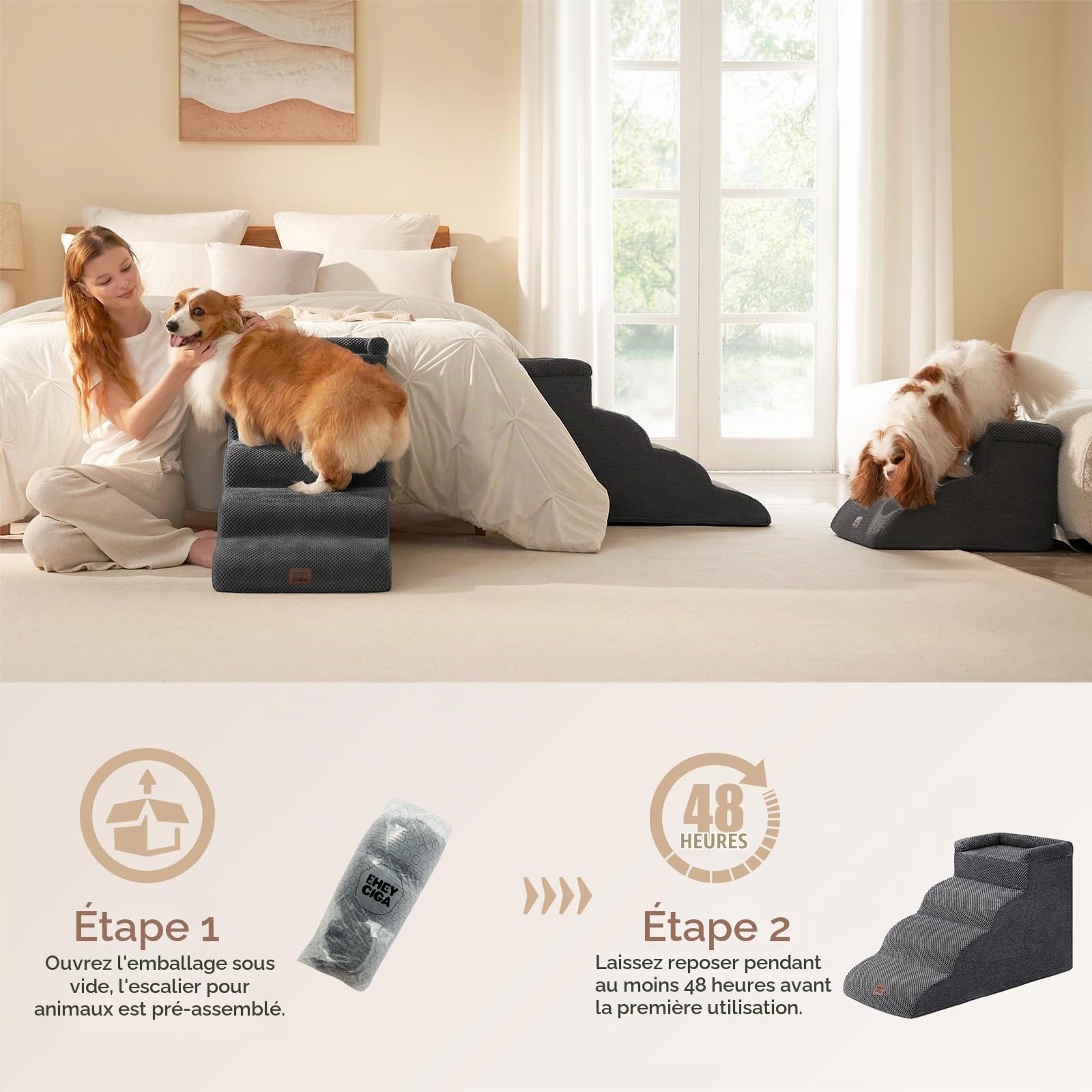 EHEYCIGA Escalier Chien 4 Marches 44.7cm H, Rampe Chien pour Canapé Lit | Mousse Haute Densité, Surface Antidérapante, Housse Amovible et Lavable, Pour Petits Chiens et Chats, Gris