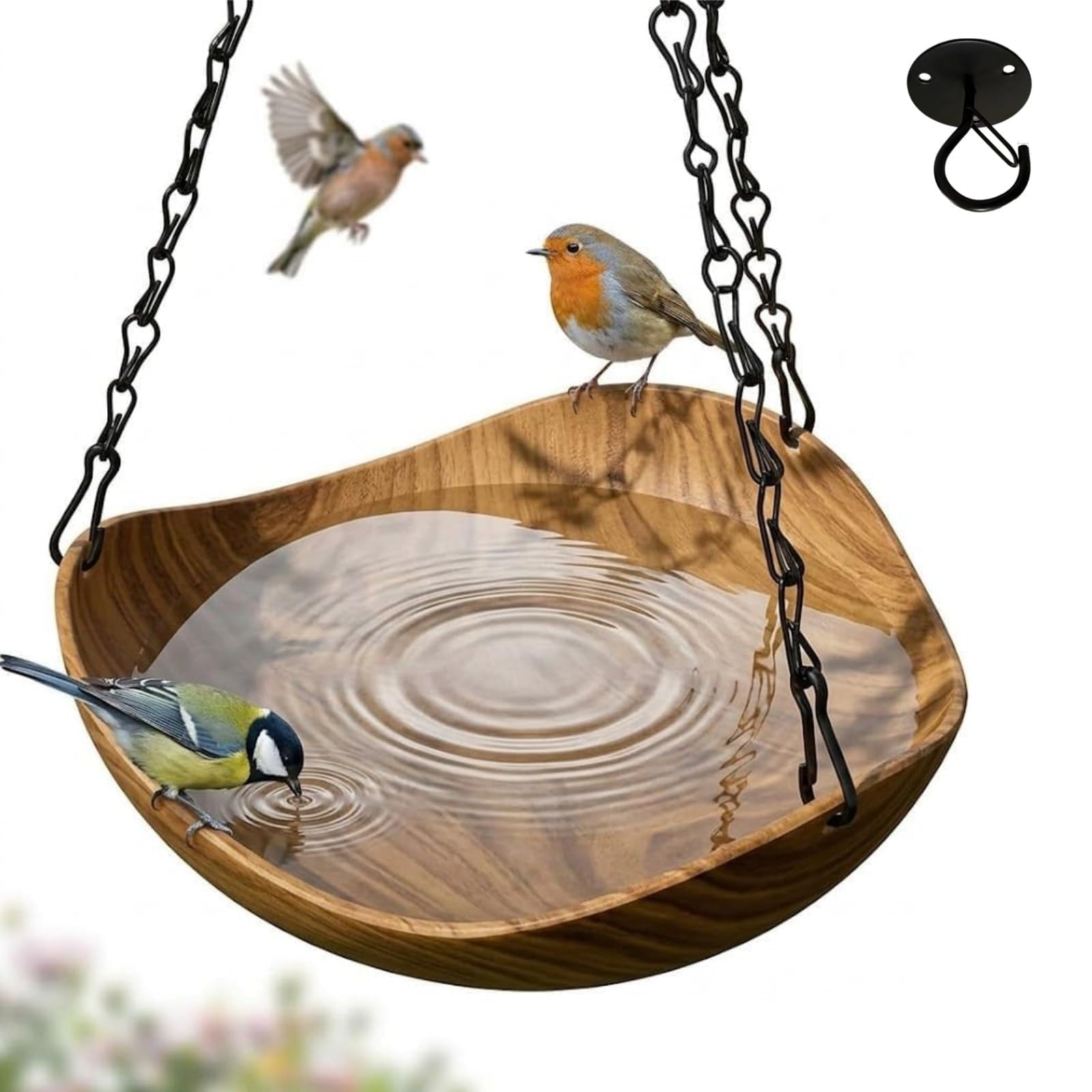 Hanging Bird Bath for Garden, Vintage Wood Texture Outdoor Water Bowl