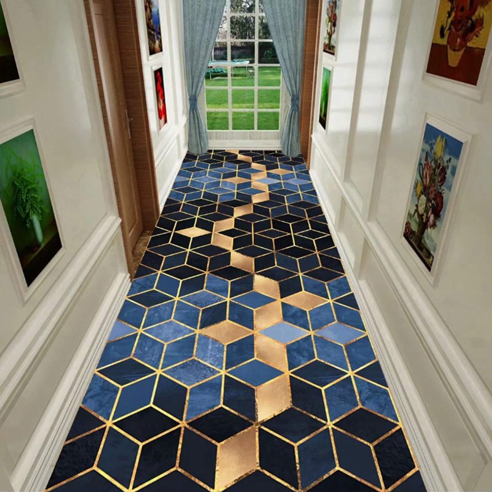 Tapis de coureur d'escalier géométrique bleu pour entrée accueillante