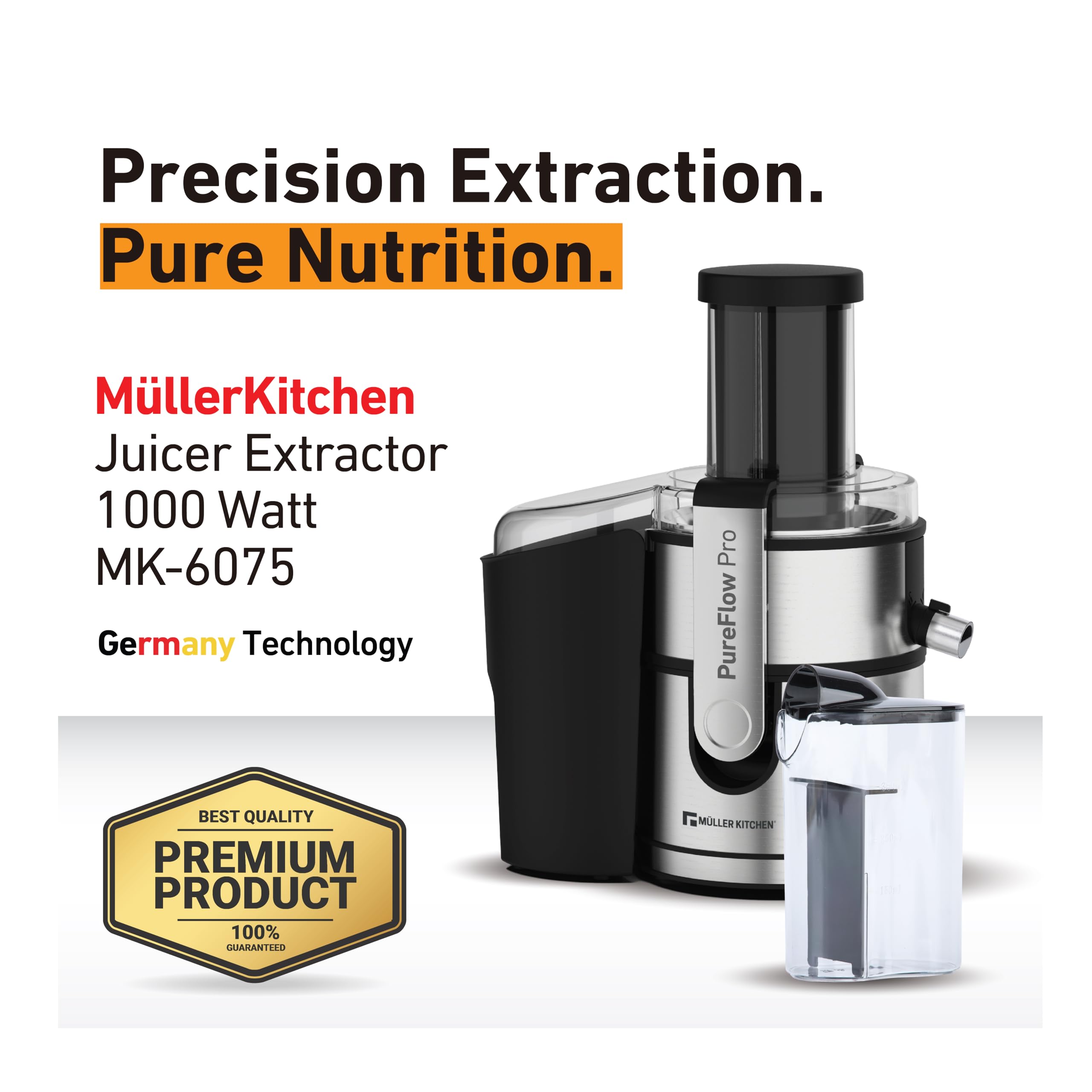 Muller Kitchen MK-6075 Licuadora para verduras y frutas (INOX, Tubo de alimentación extra grande, 2 velocidades, pies de goma antideslizantes)