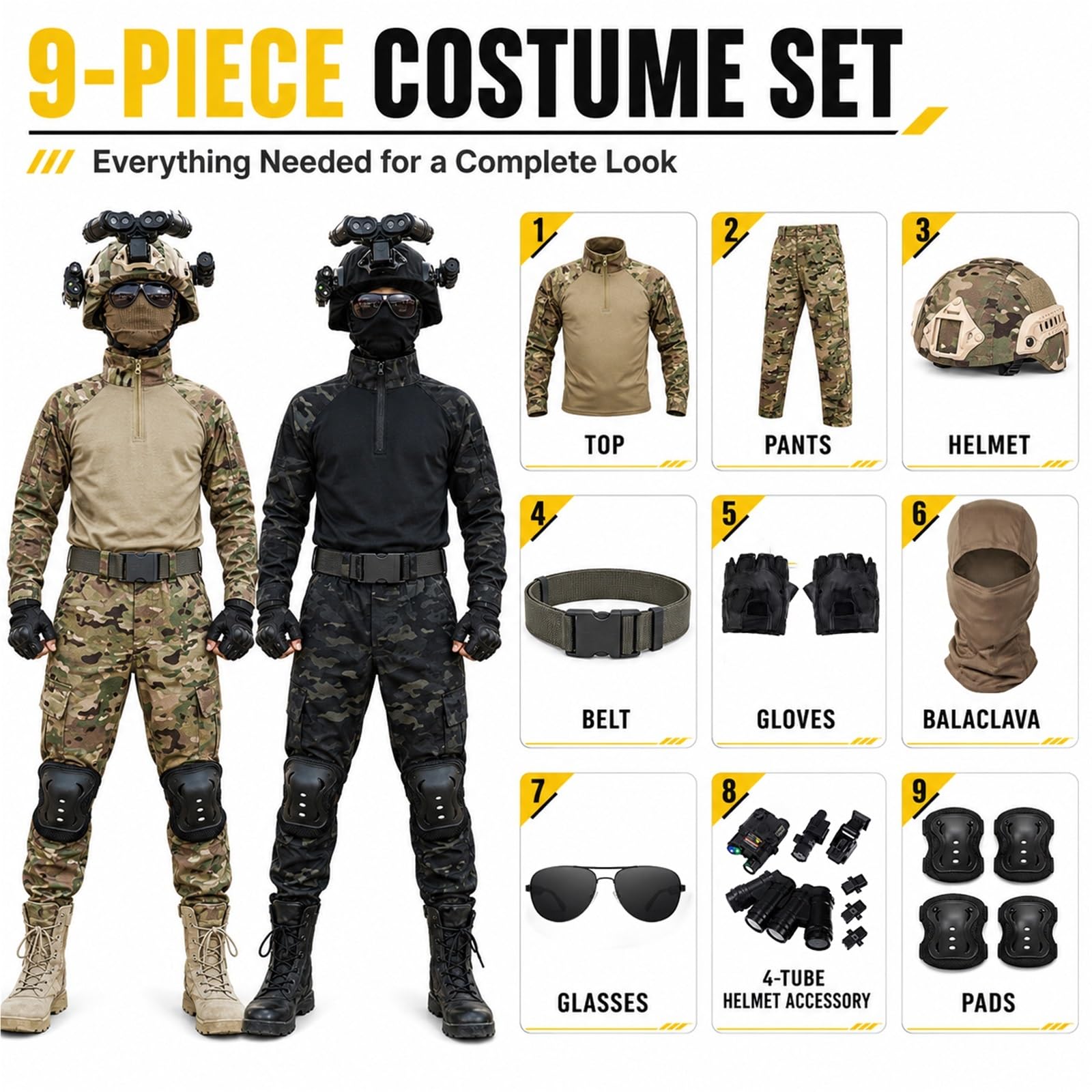 Costume Militare Bambino 100% Cotone, Maglia e Pantaloni Mimetici | Allenamento Outdoor con Casco, Cintura e Protezioni for Giochi di Ruolo, Recite Scolastiche e Feste in Maschera
