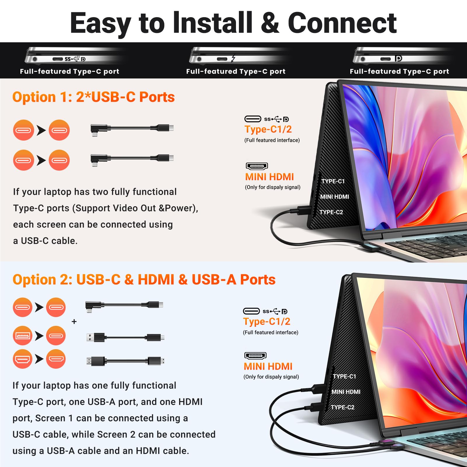 Cevaton Monitor portatile, 14 pollici FHD 1080P IPS Estensore dello schermo del computer portatile adatto per laptop da 13-17 pollici, supporto integrato, plug and play, estensore per monitor