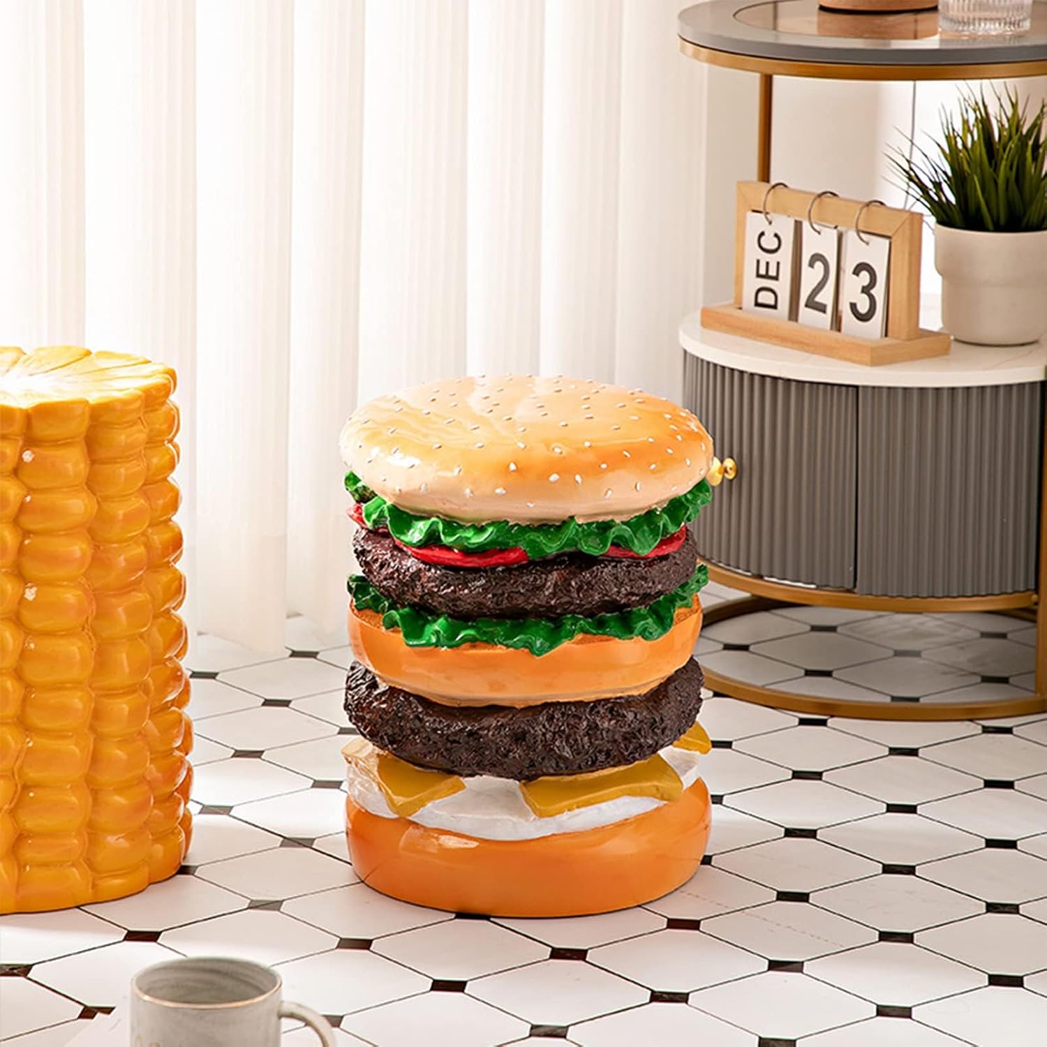 Small Stool Cute Stylish Hand, Stylish Hand Painted Foot Rest Stool Stylish Vanity Stool Multifunctional Resin Food Shoe for Couch Simulated Food Stool(Burger Stool)