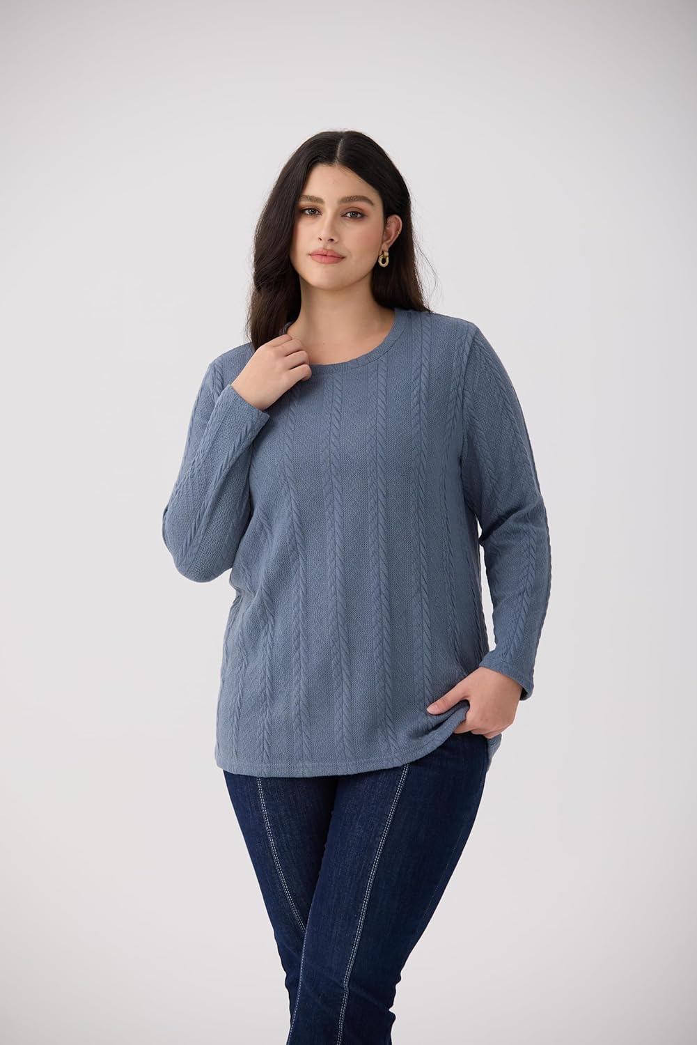 CARCOS Womens Plus Size Tops Fall Cable Knit Sweaters Long Sleeve Shirts Crewneck Lightweight Tunic Tops Winter XL-5XL - Image 4