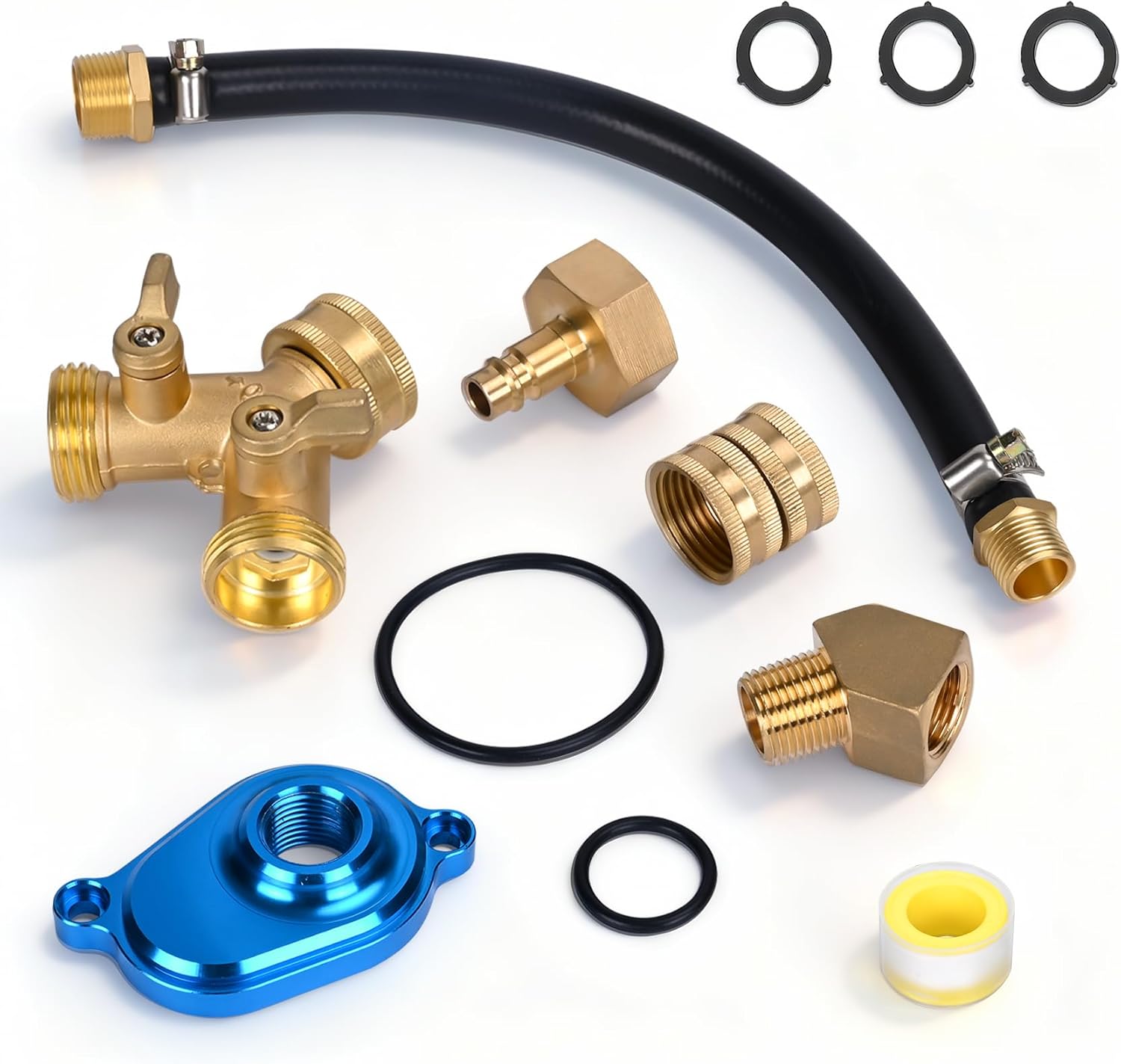 6.0 L Oil Cooler Flush Kit with “T” Brass Hose Pipe Adapter and Blue Aluminum Anodize Adapter VT365 VT275 Fits for Ford 2003-2010 Diesel Replacement