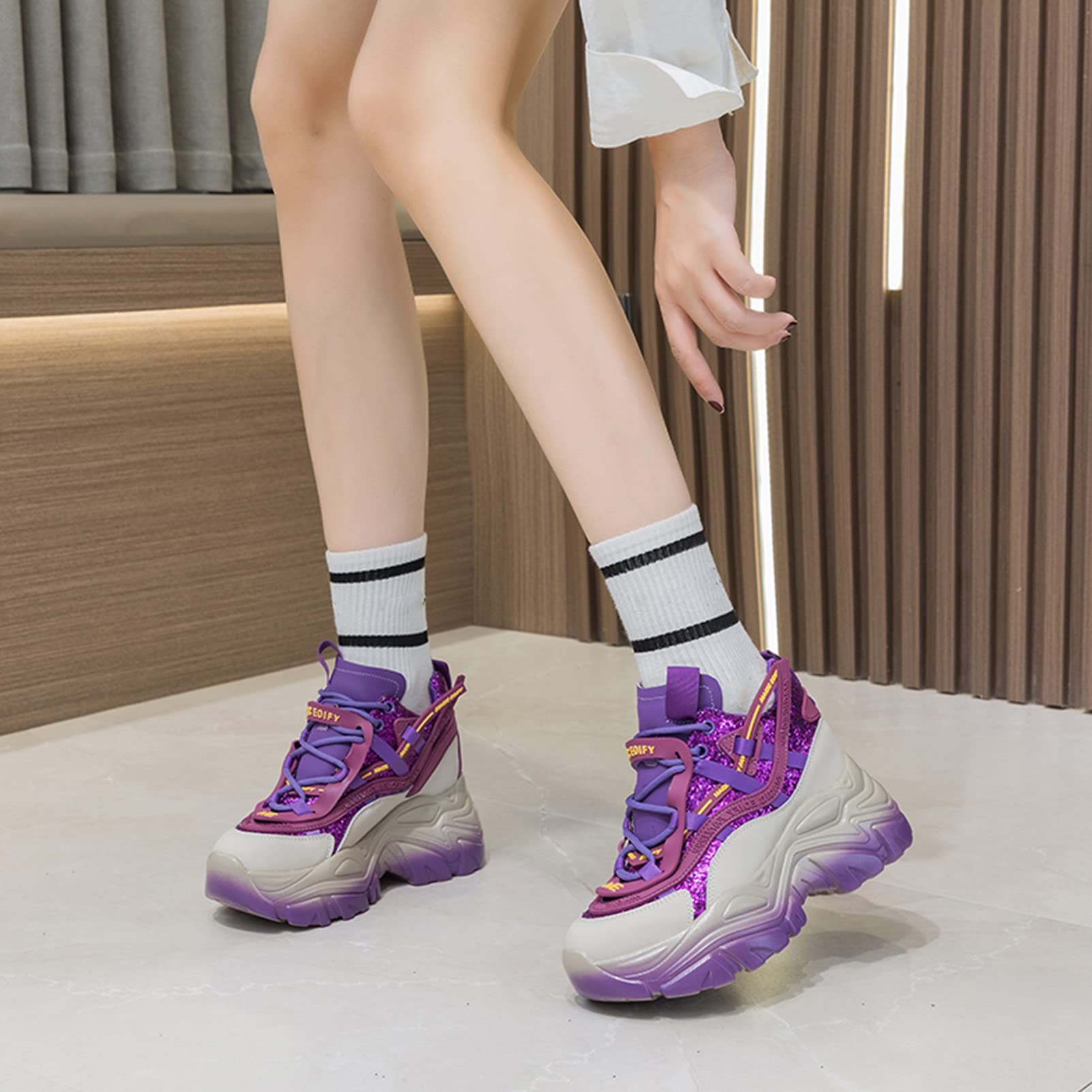 ANUFER Mujer Plataforma Alta Zapatillas Chunky Brillante Lentejuelas Moda Tacón de Cuña Zapatillas Deportivas