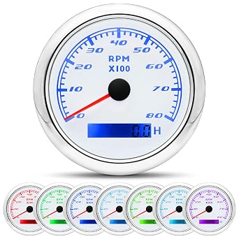 Tachometer Gauge 7 Color 0-8000 RPM Tacho Meter 85mm 3 3/8" for Auto Boat Marine Vehicle for 1-10 Cylinder Diesel and Gasoline EngineWhite
