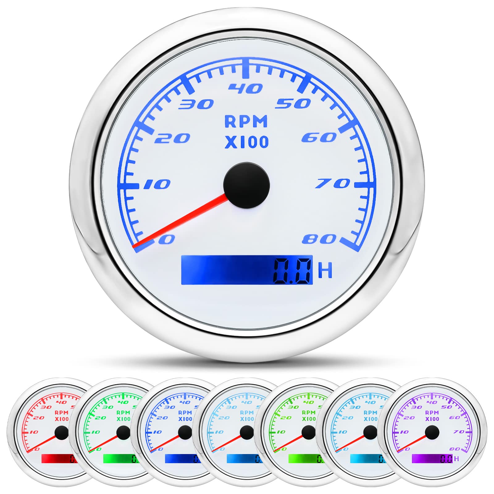 MAIMEIMI Tachometer Gauge 7 Color 0-8000 RPM Tacho Meter 85mm 3 3/8" for Auto Boat Marine Vehicle（White）-image-49
