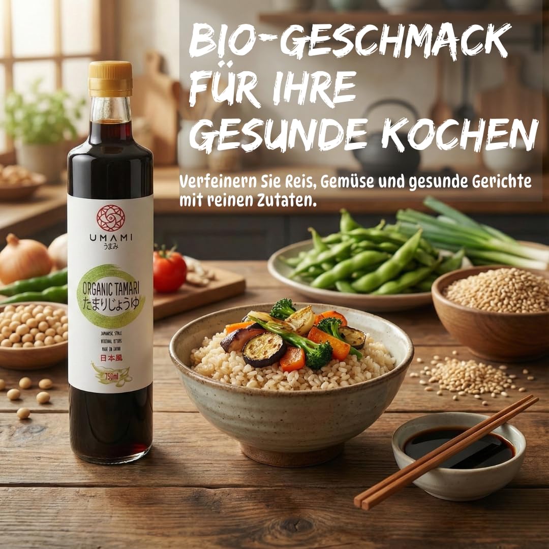 Umami Bio Tamari Sojasauce 750ml - Glutenfrei - Traditionelle Kioke-Holzfass Fermentierung - Hergestellt in Japan - Ideal für Sushi, Wok und Zöliakie-Diäten