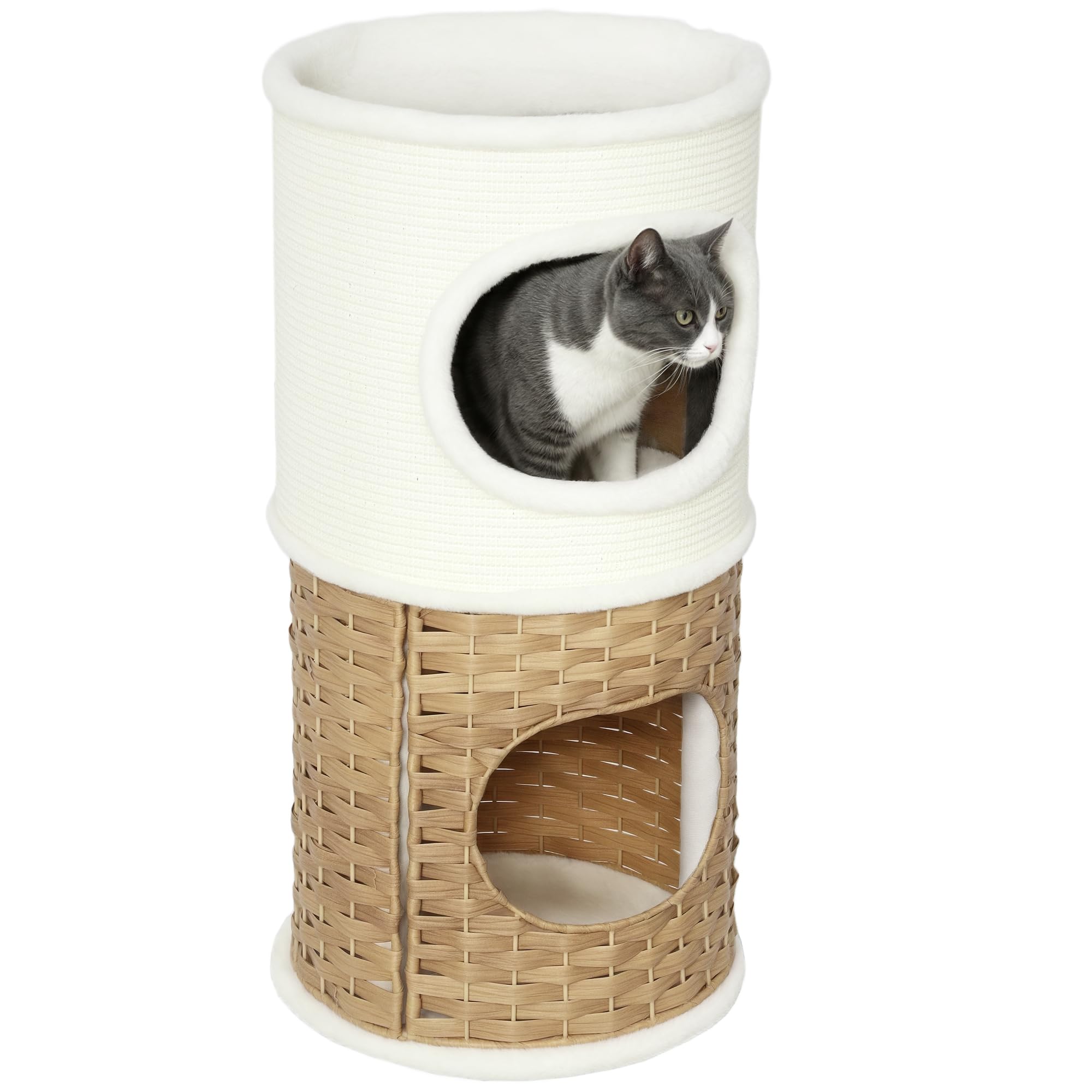 PawHut Tiragraffi 80 cm di altezza, Ø 40 cm, a tre piani con bordo in peluche, grotta per gatti, albero tiragraffi per gatti di medie dimensioni, bianco crema e marrone