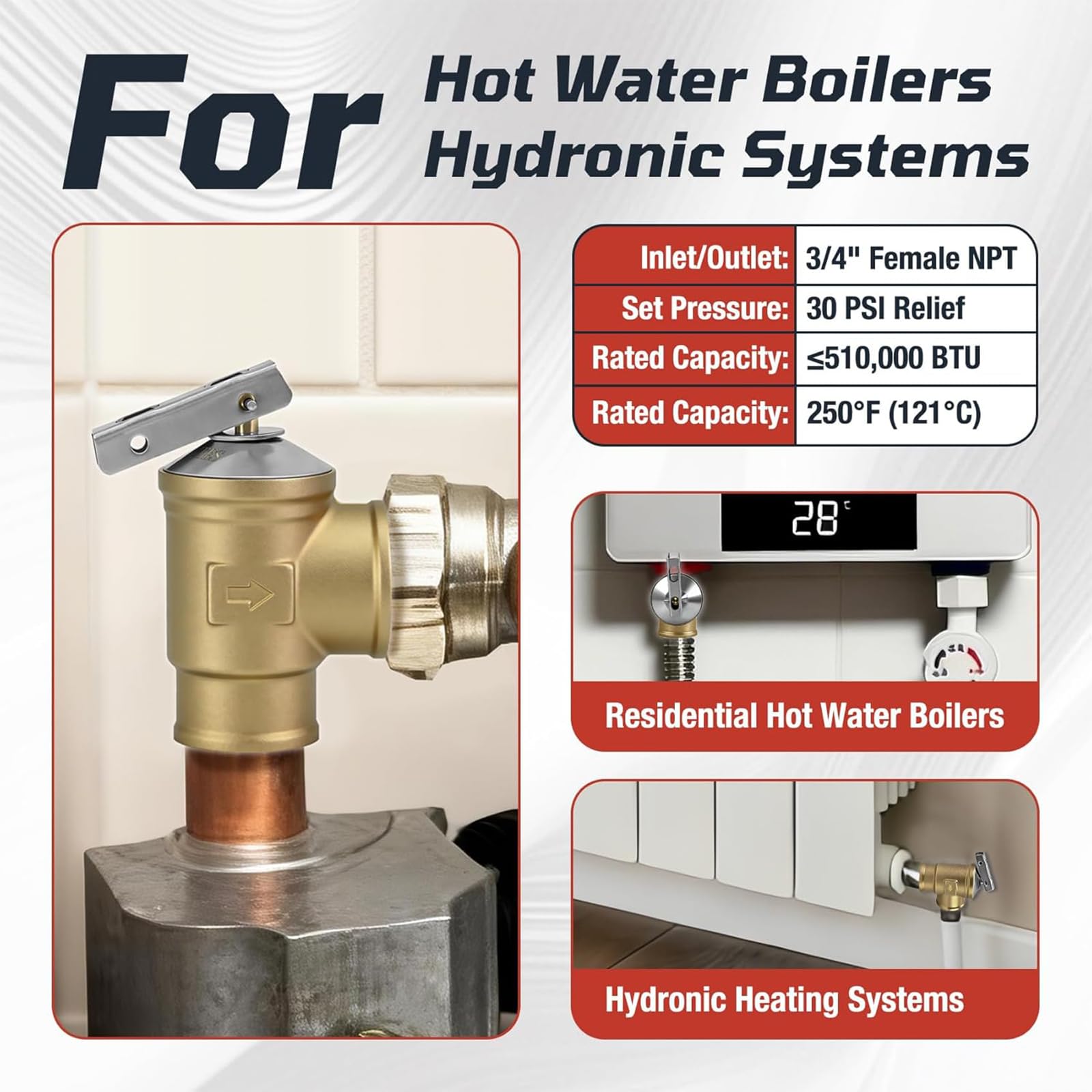 Valvole automatiche di scarico della pressione, valvole di sicurezza in ottone pesante con filettatura interna da 3/4" per caldaia ad alte temperature, sicurezza in ottone