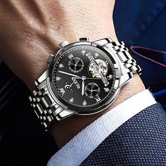 olevs automatic men's watches mechanical black watch with skeletonised tourbillon calendar waterproof luminous classic luxury wrist watches for men