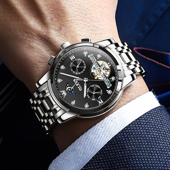 olevs automatic men's watches mechanical black watch with skeletonised tourbillon calendar waterproof luminous classic luxury wrist watches for men