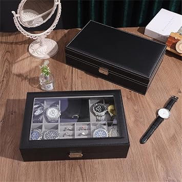 Leather 8 Grid Slots with Watches Storage Box Stud Bracelet Necklace Big Space Jewelry Organizer Display Case