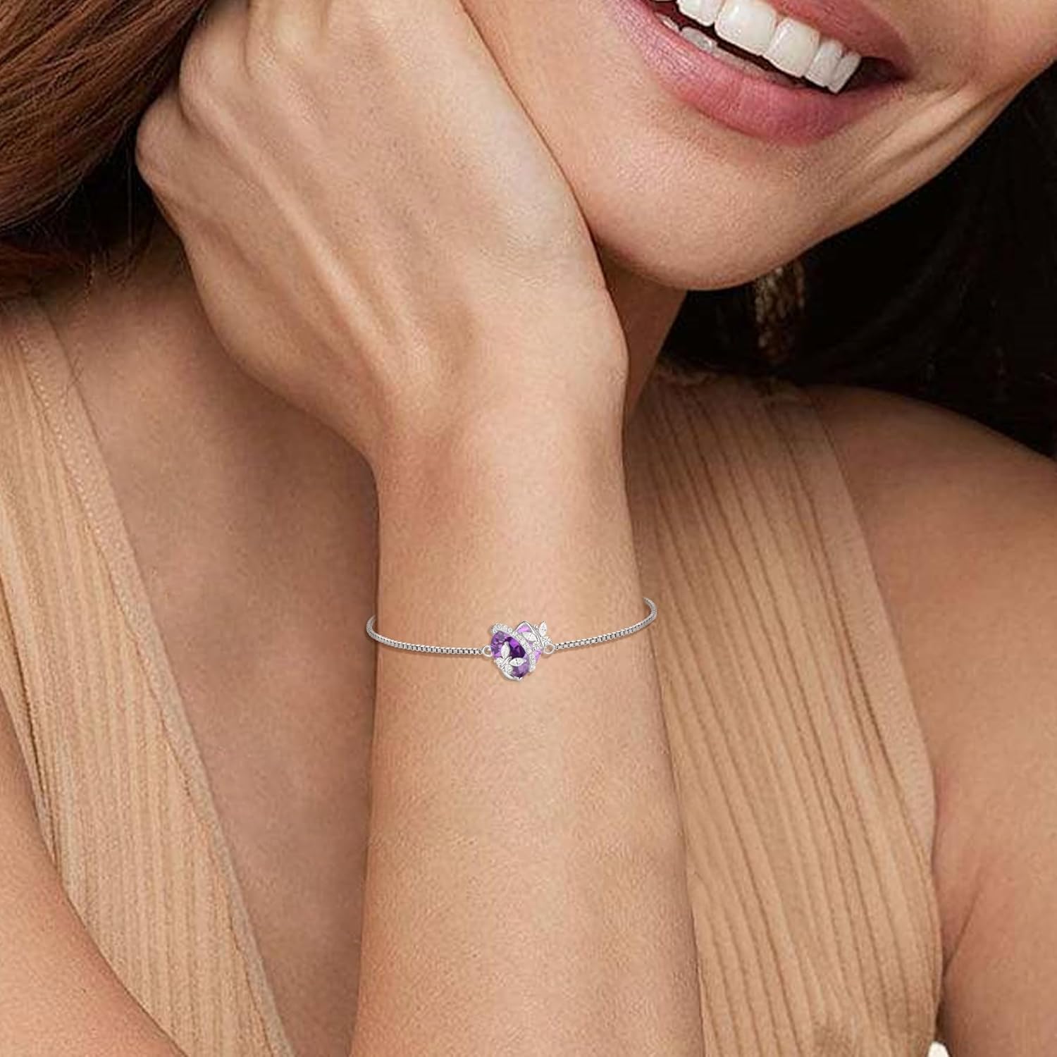 Sterling Silver Butterflies Created Amethyst Jewelry Set for Women Necklace/Earrings/Bracelet Gift - Image 4