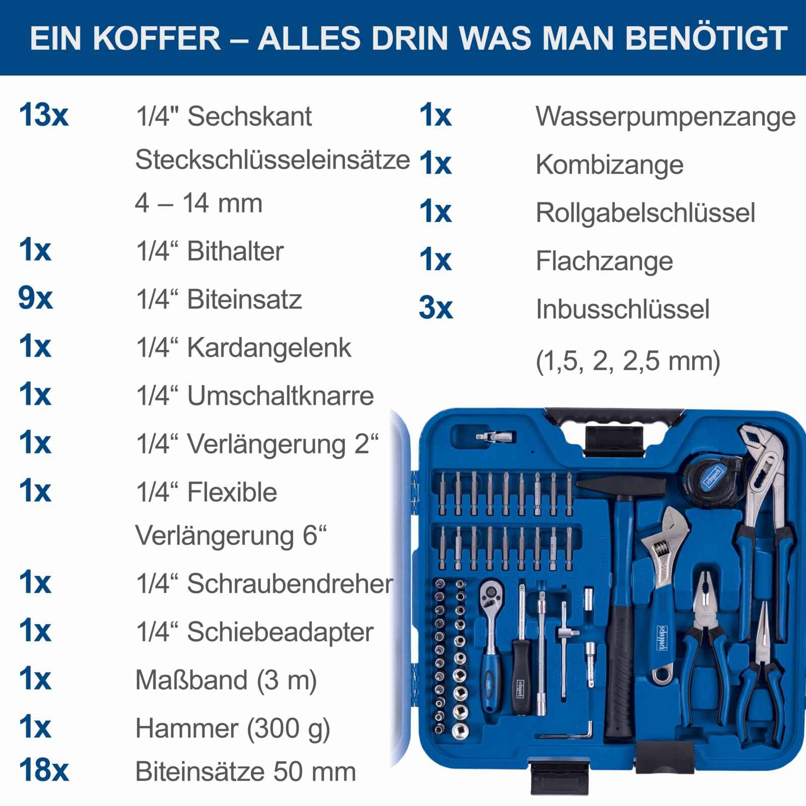 Scheppach TB99 Werkzeugkoffer gefüllt 90-tlg Werkzeug Set | Werkstattkoffer bestückt mit Schraubenschlüssel, Hammer, Zange, Schraubenzieher, Werkzeugkiste klappbar für Werkstatt und Haushalt